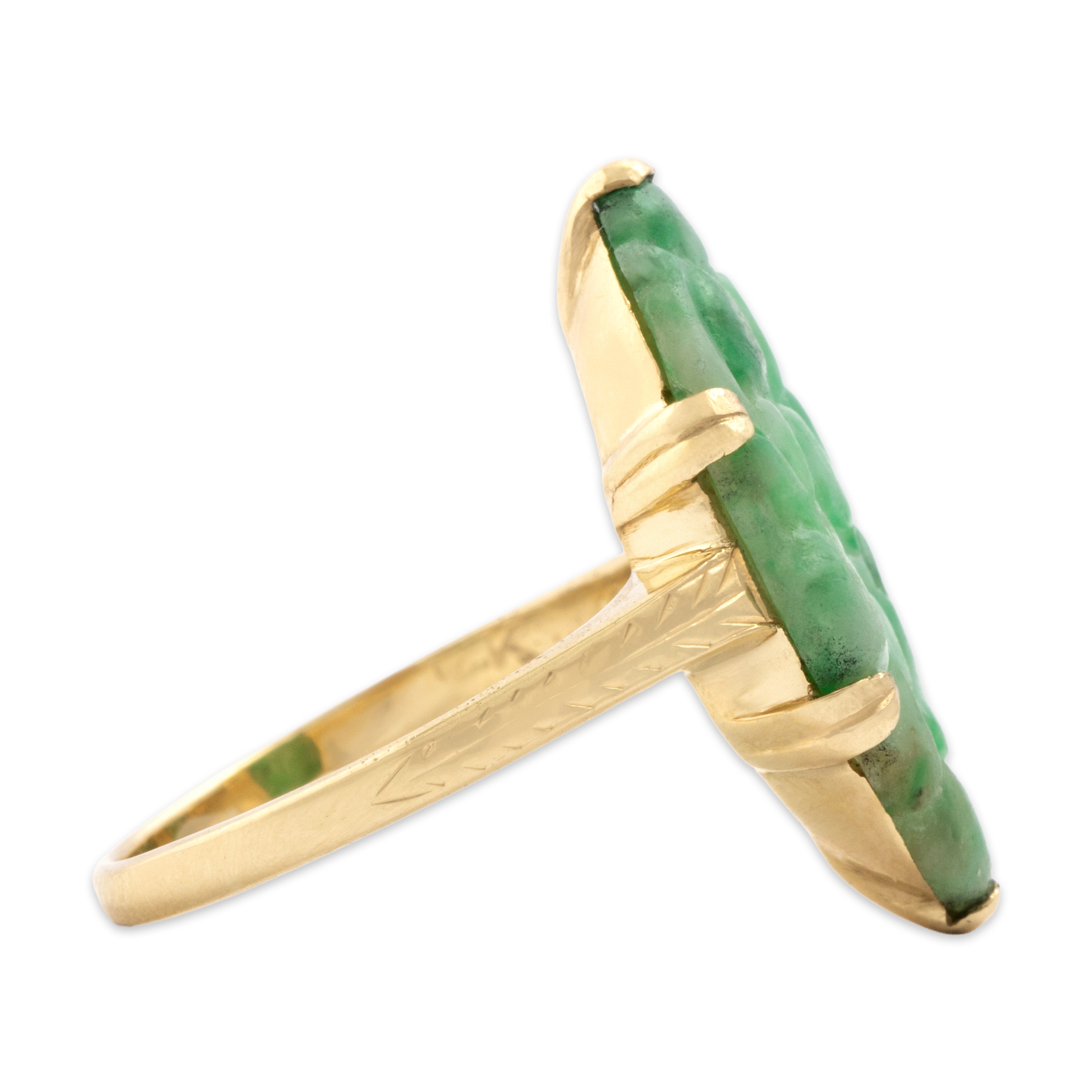 Antique 14k Yellow Gold 4.53ct Jade Carved Navette Wheat Motif Ring - Side view