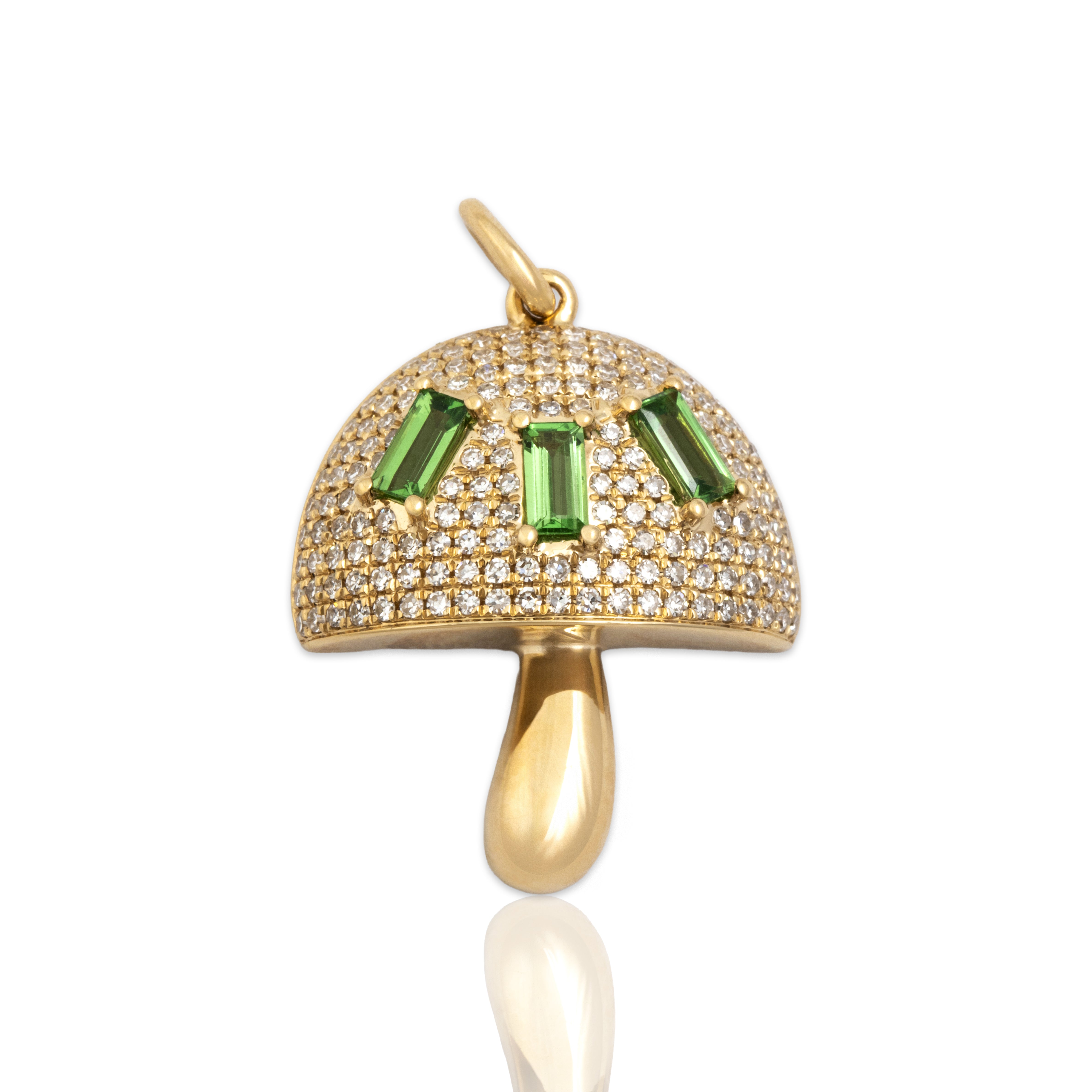 Estate 14k Yellow Gold Diamond Tsavorite Garnet Whimsical Sparkling Mushroom Pendant - Close-up view