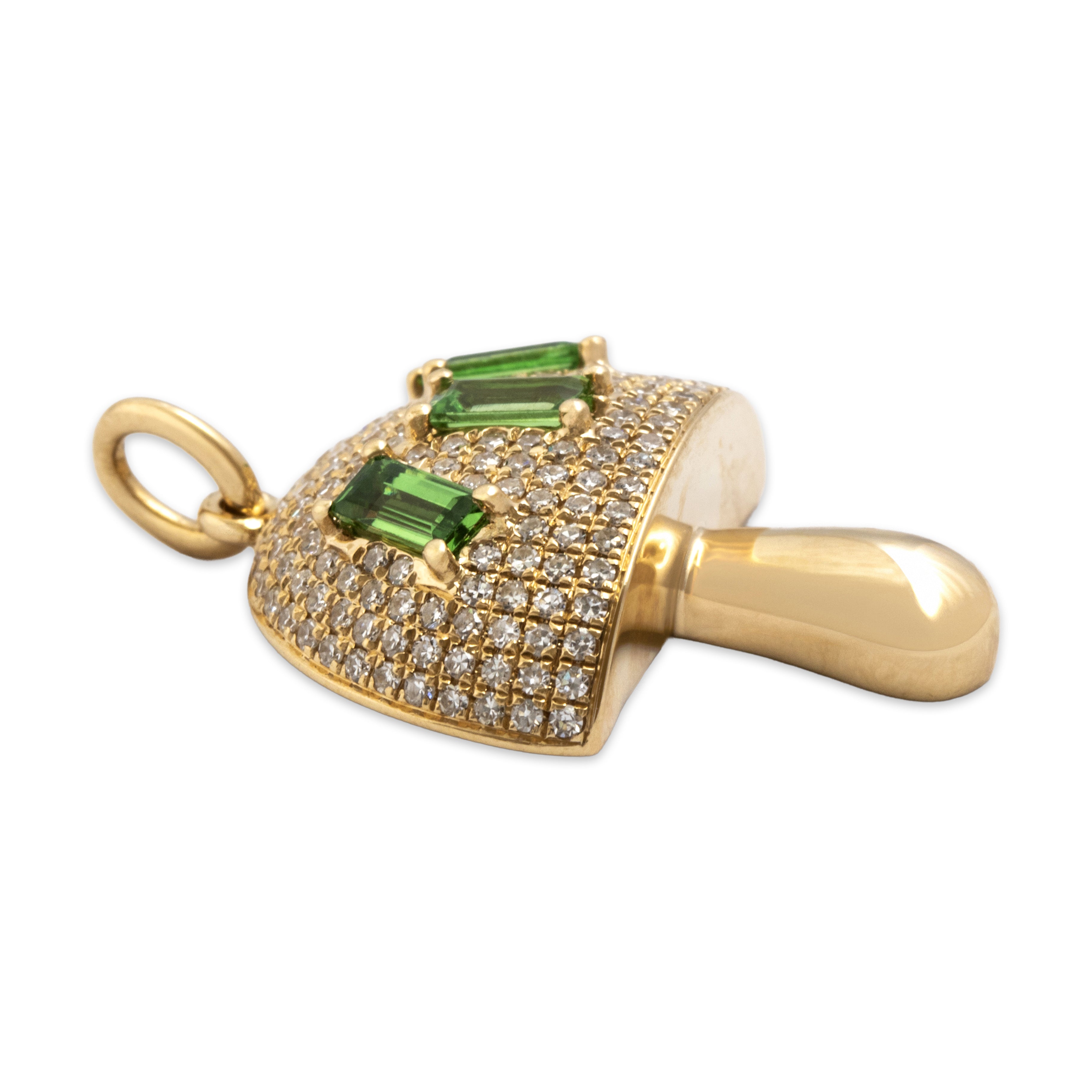 Estate 14k Yellow Gold Diamond Tsavorite Garnet Whimsical Sparkling Mushroom Pendant - Side view