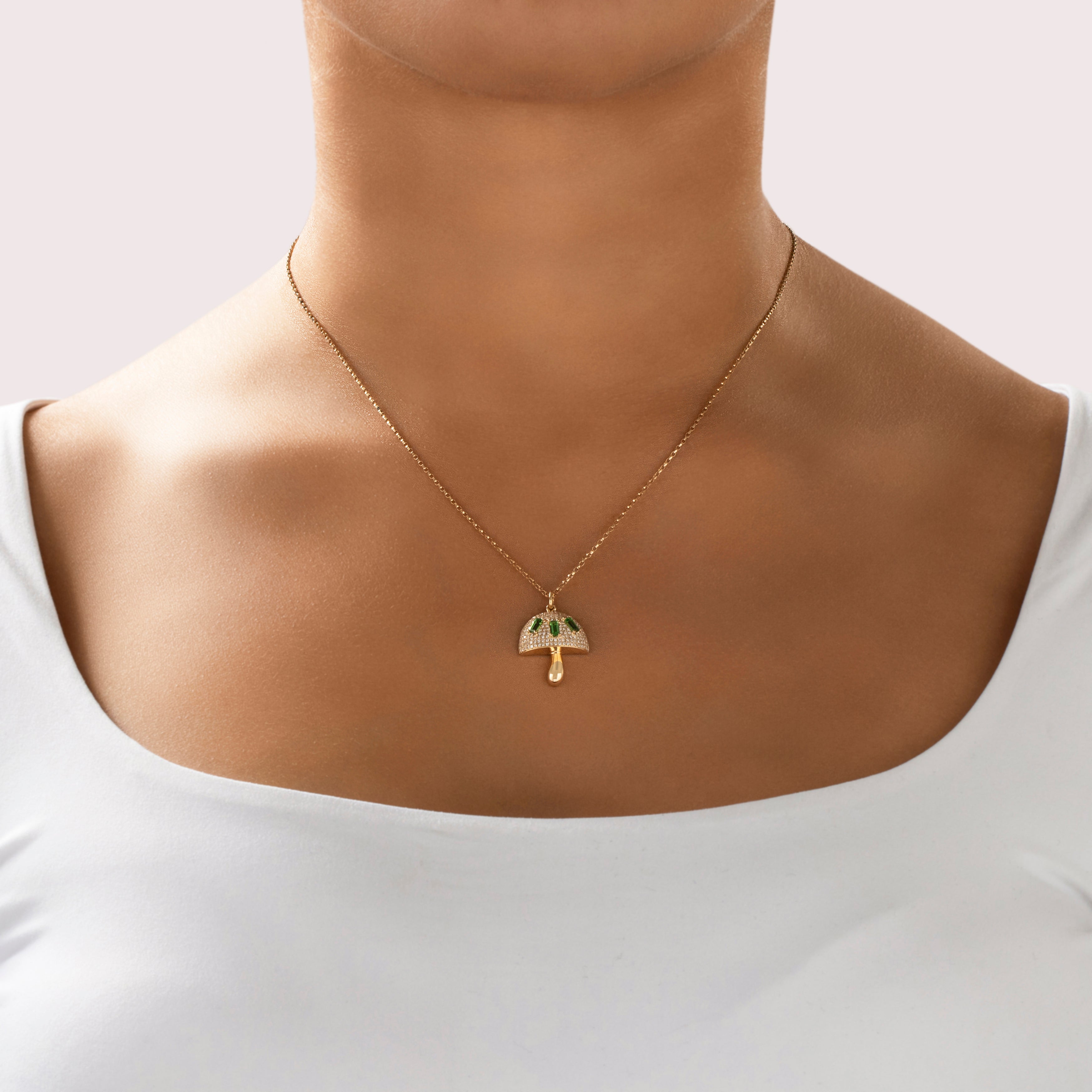 Estate 14k Yellow Gold Diamond Tsavorite Garnet Whimsical Sparkling Mushroom Pendant - On model view