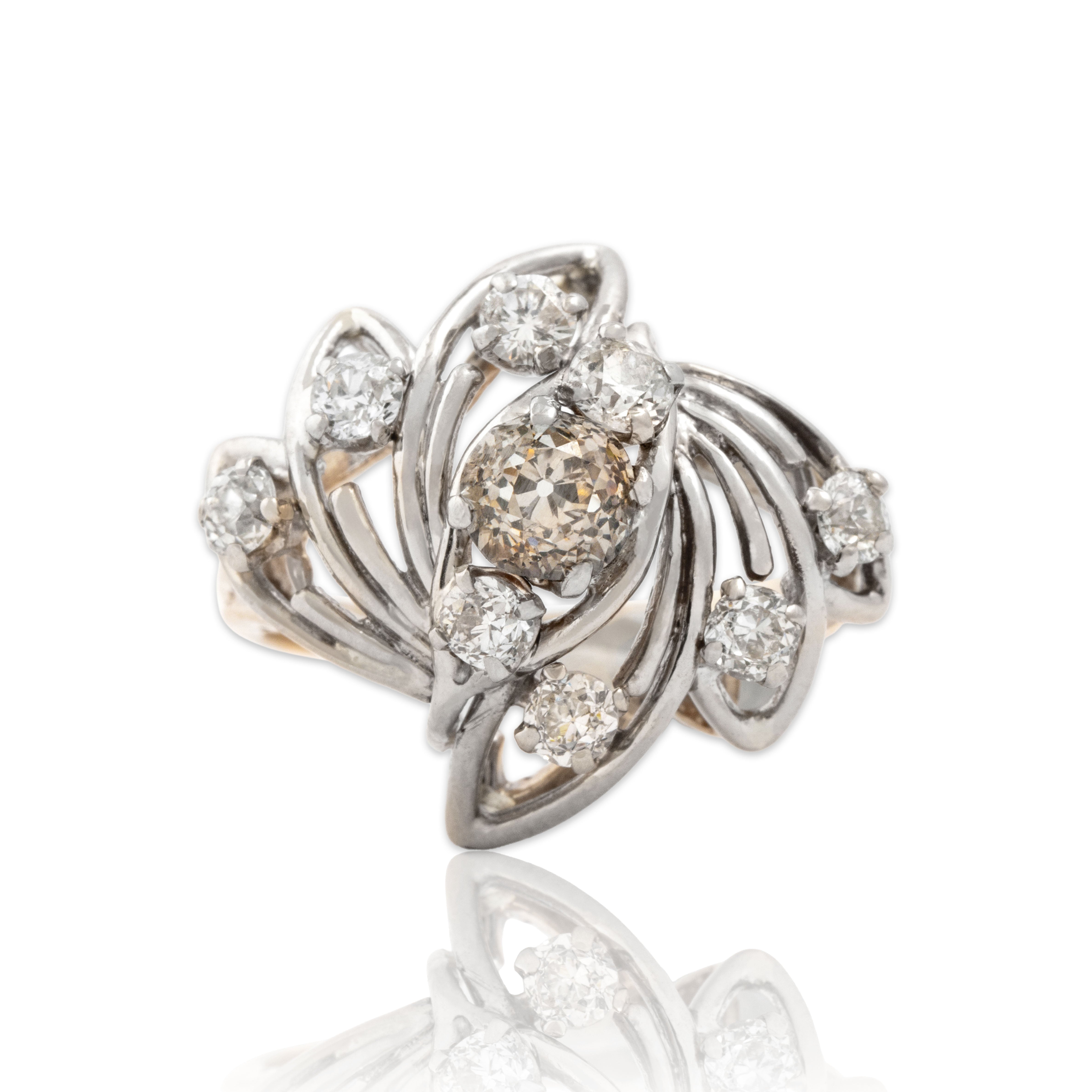 Vintage 14k Yellow & White Gold 1.77cttw White & Champagne Old Mine Diamond Ring - Close-up view