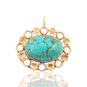 Vintage Large 10k Rosy Yellow Gold 10.77ct Turquoise Floral Cabochon Pendant