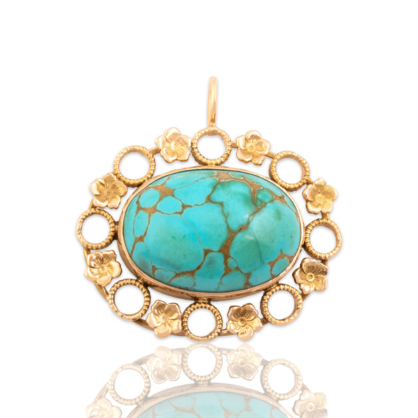 Vintage Large 10k Rosy Yellow Gold 10.77ct Turquoise Floral Cabochon Pendant - Close-up view