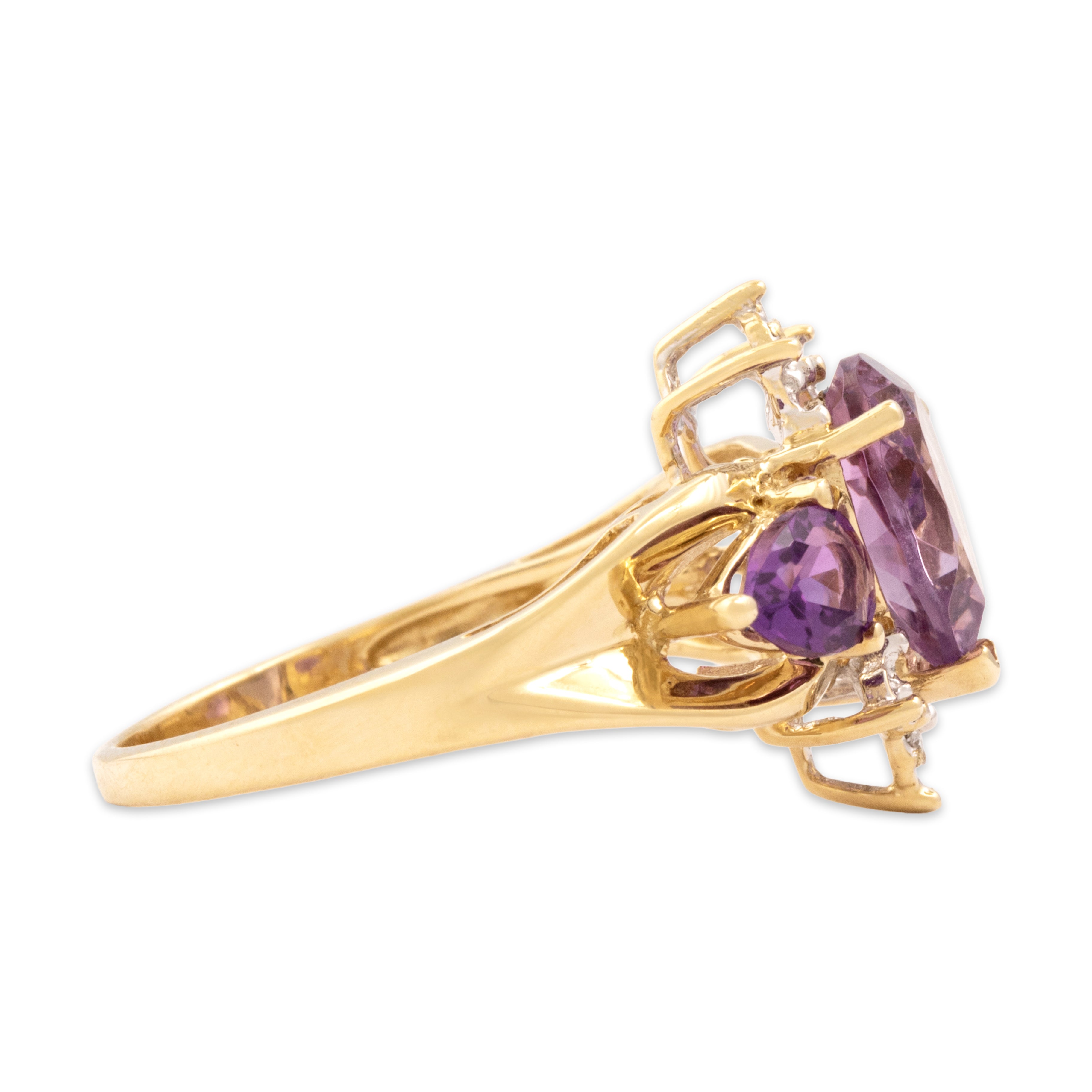 Vintage 10k Yellow Gold 1.92cttw Amethyst Diamond Striking Crowned Ring - Side view