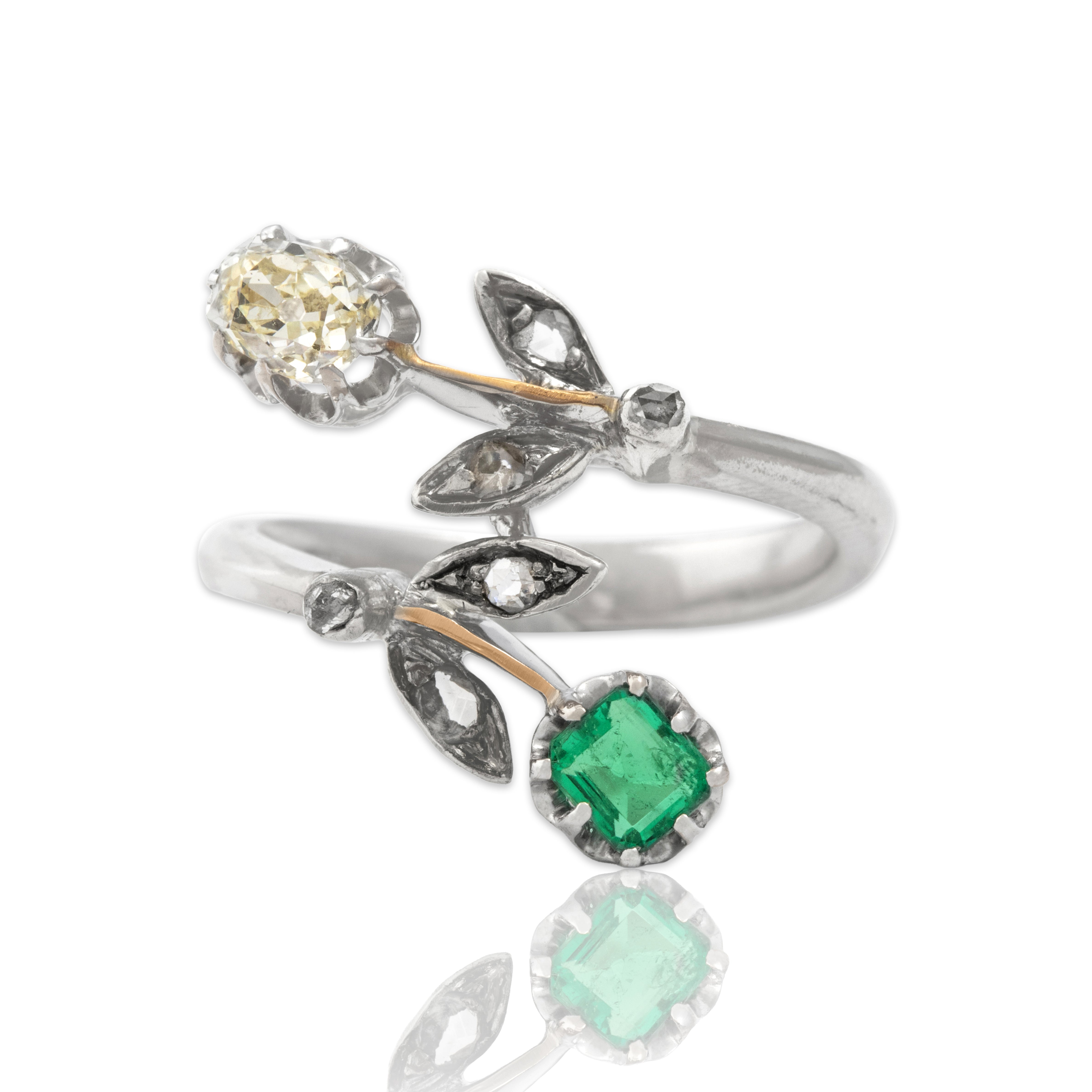 Antique 18k White Gold 14k White & Rose Gold Old Mine Cut Diamond Emerald Ring 7.00