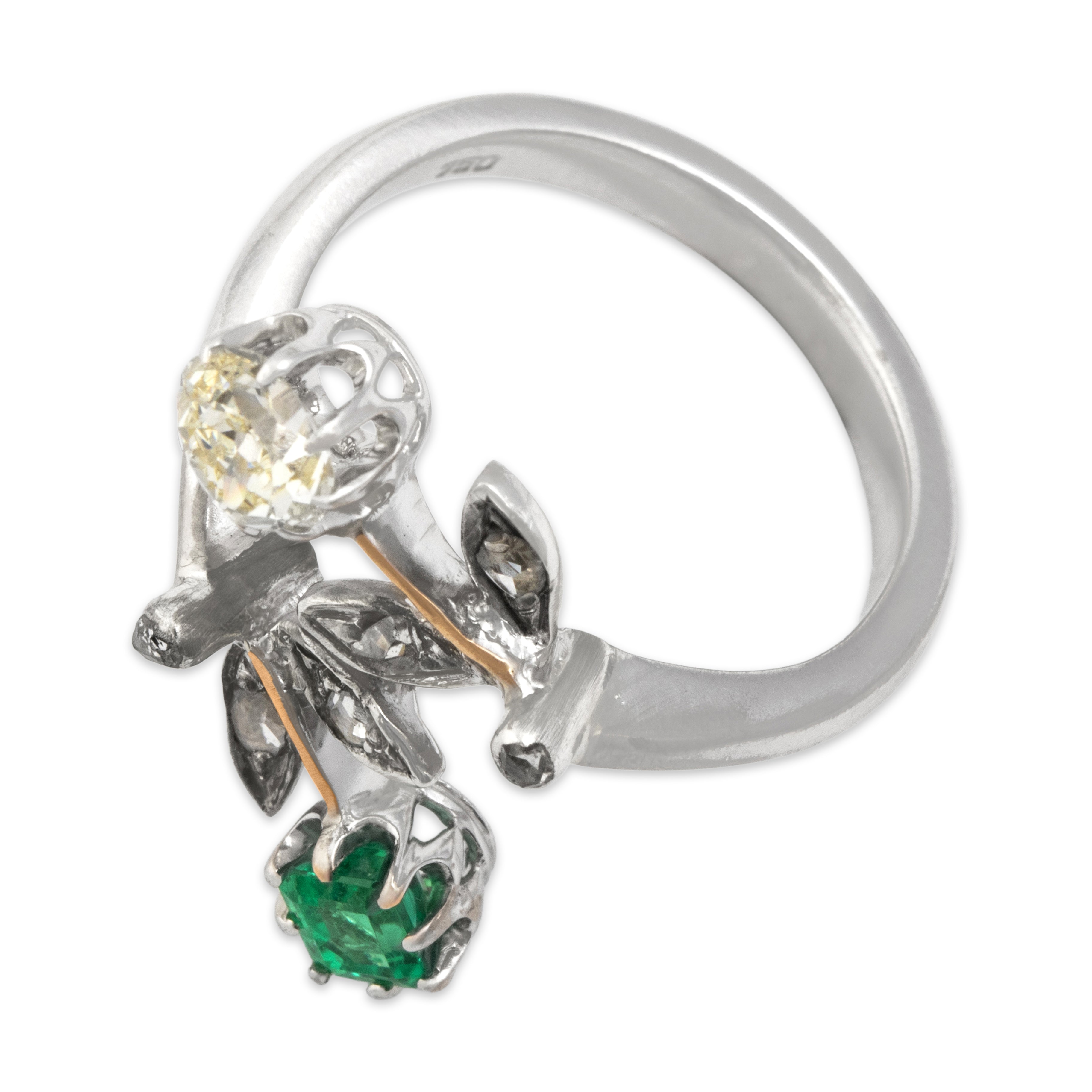 Antique 18k White Gold 14k White & Rose Gold Old Mine Cut Diamond Emerald Ring 7.00