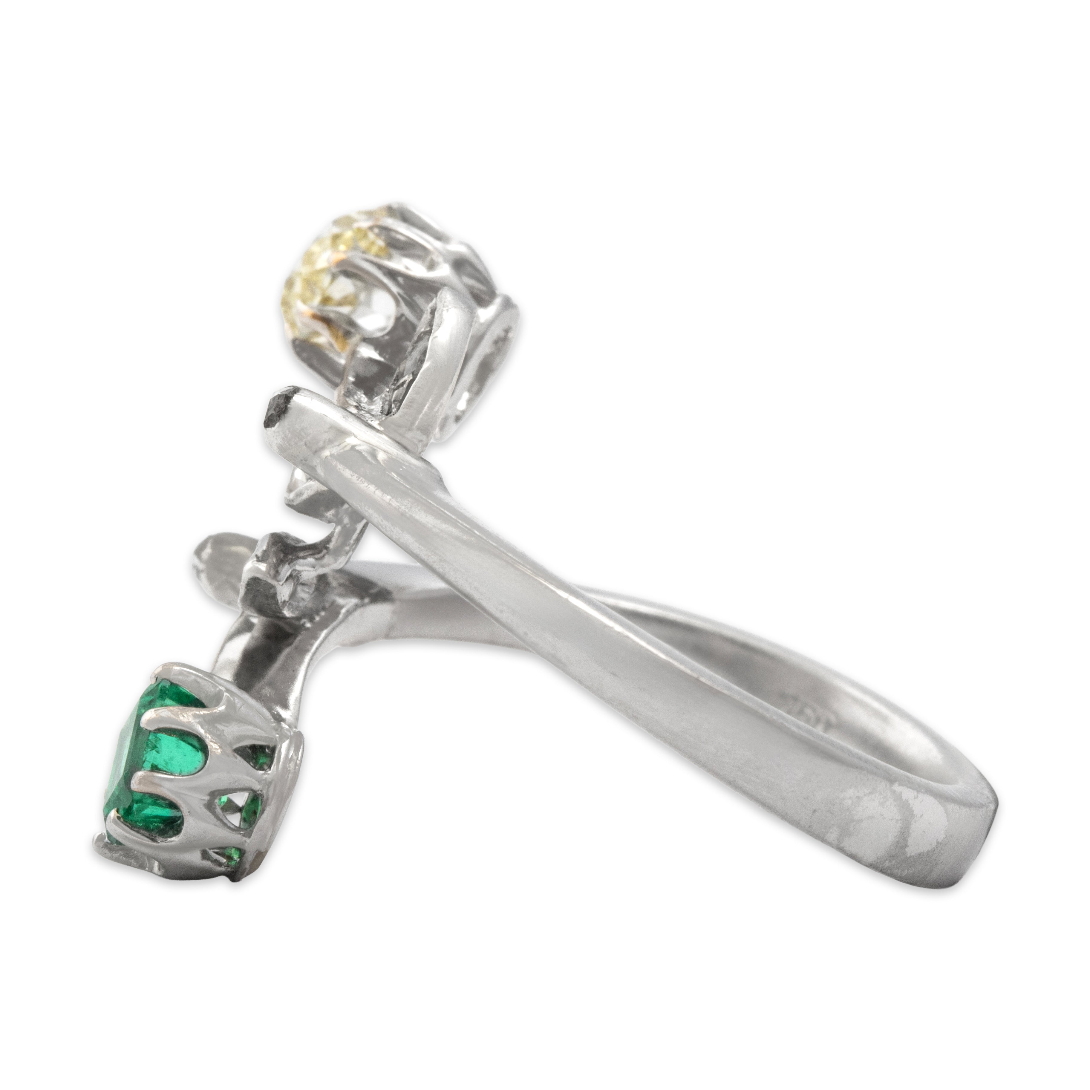 Antique 18k White Gold & 14k White Gold & 14k Rose Gold Old Mine Cut Diamond Emerald Diamond Stunning Floral Bypass Ring - Side view