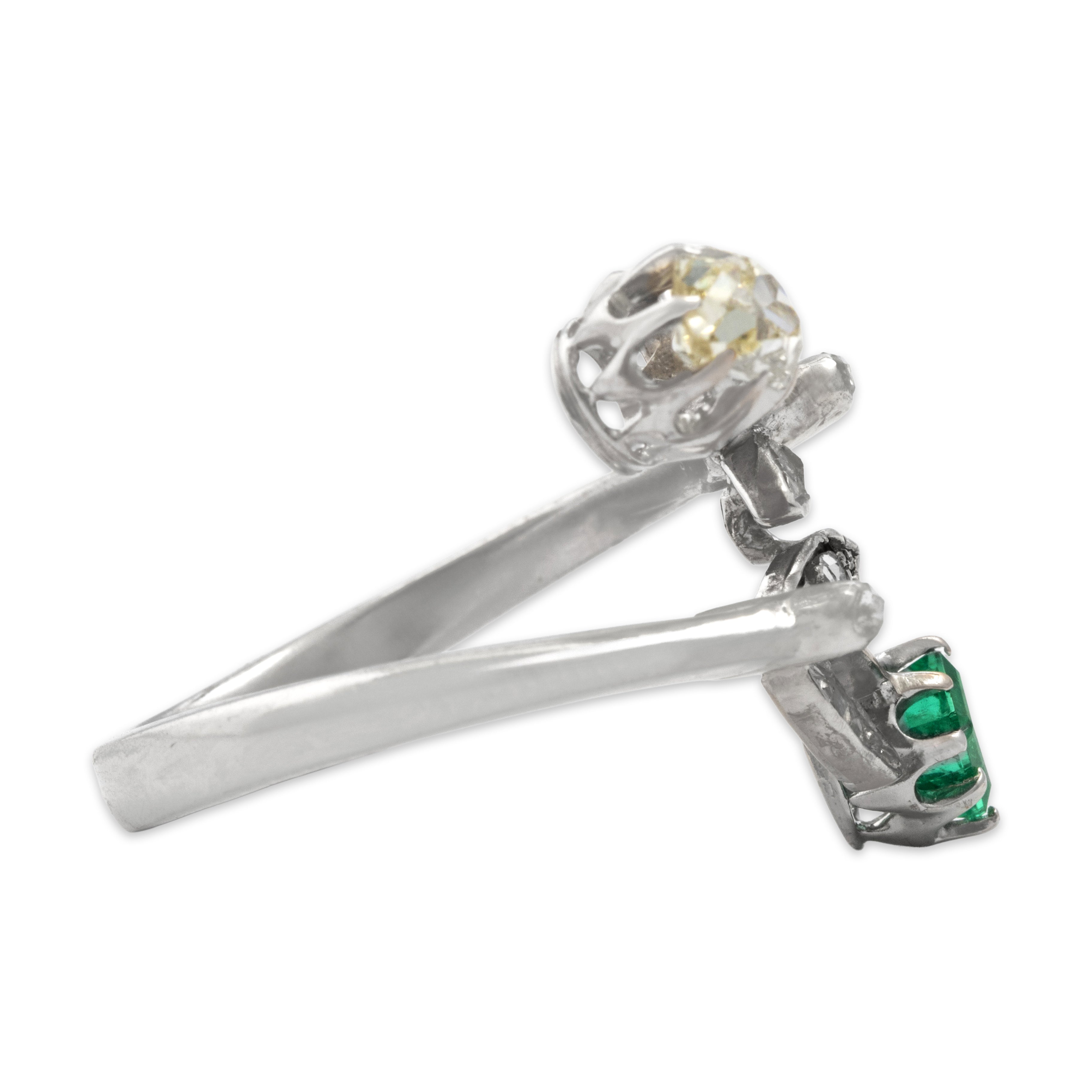 Antique 18k White Gold & 14k White Gold & 14k Rose Gold Old Mine Cut Diamond Emerald Diamond Stunning Floral Bypass Ring - Side view