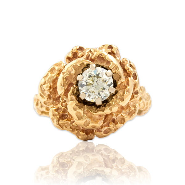 Vintage Heavy 14k Rosy Yellow Gold .79ct Old European Cut Diamond Rose Ring 7.00