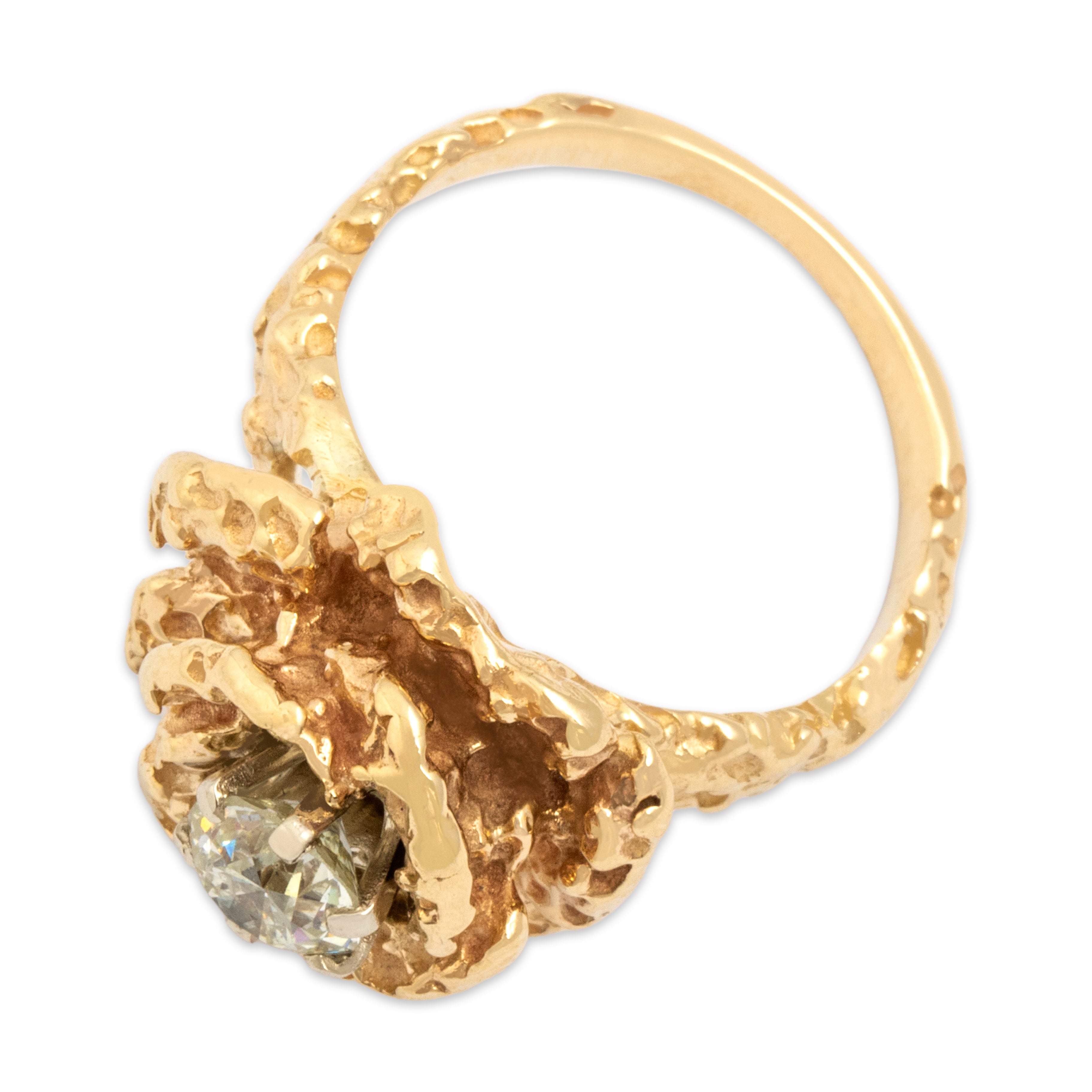 Vintage Heavy 14k Rosy Yellow Gold .79ct Old European Cut Diamond Rose Nugget Ring - Overall view