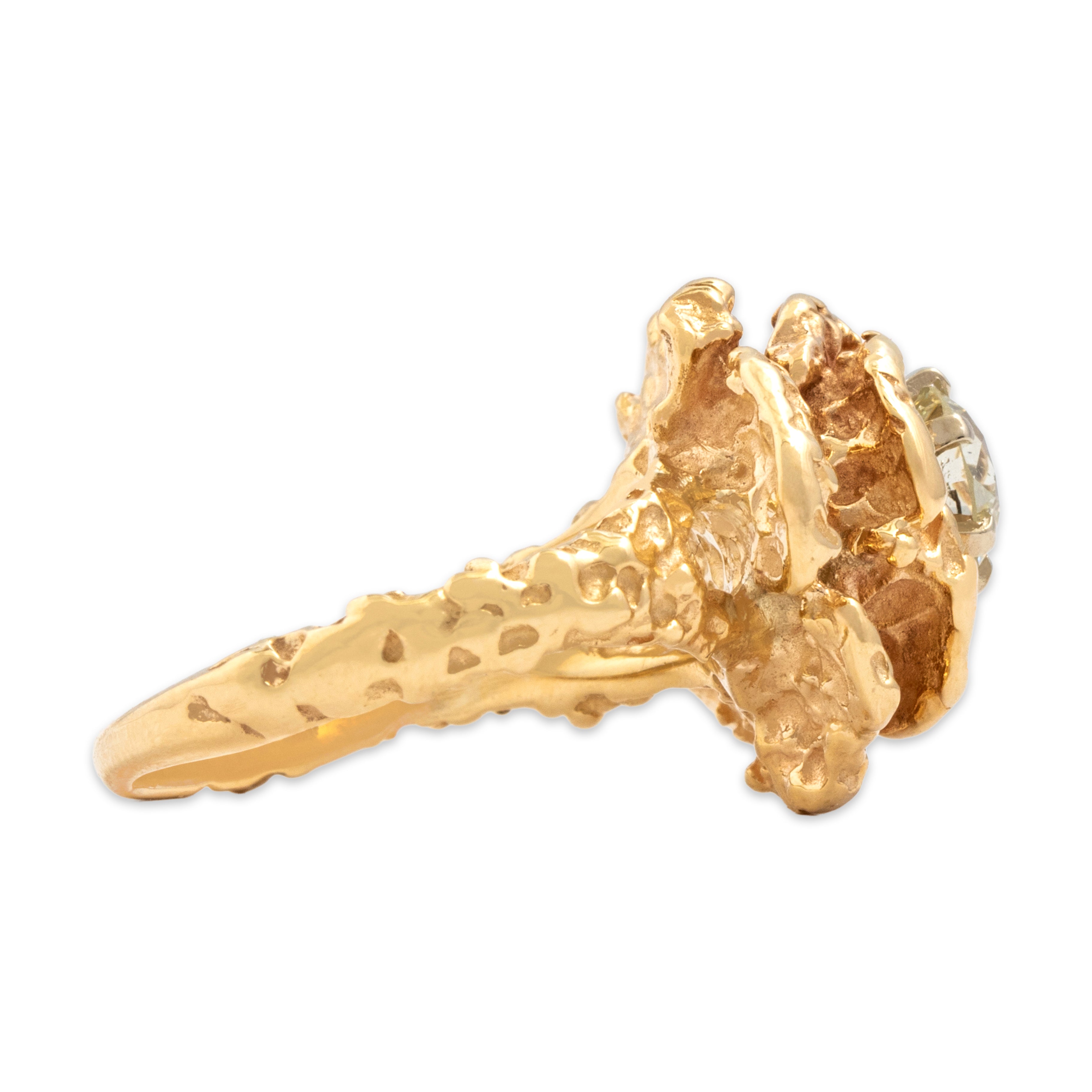 Vintage Heavy 14k Rosy Yellow Gold .79ct Old European Cut Diamond Rose Nugget Ring - Side view