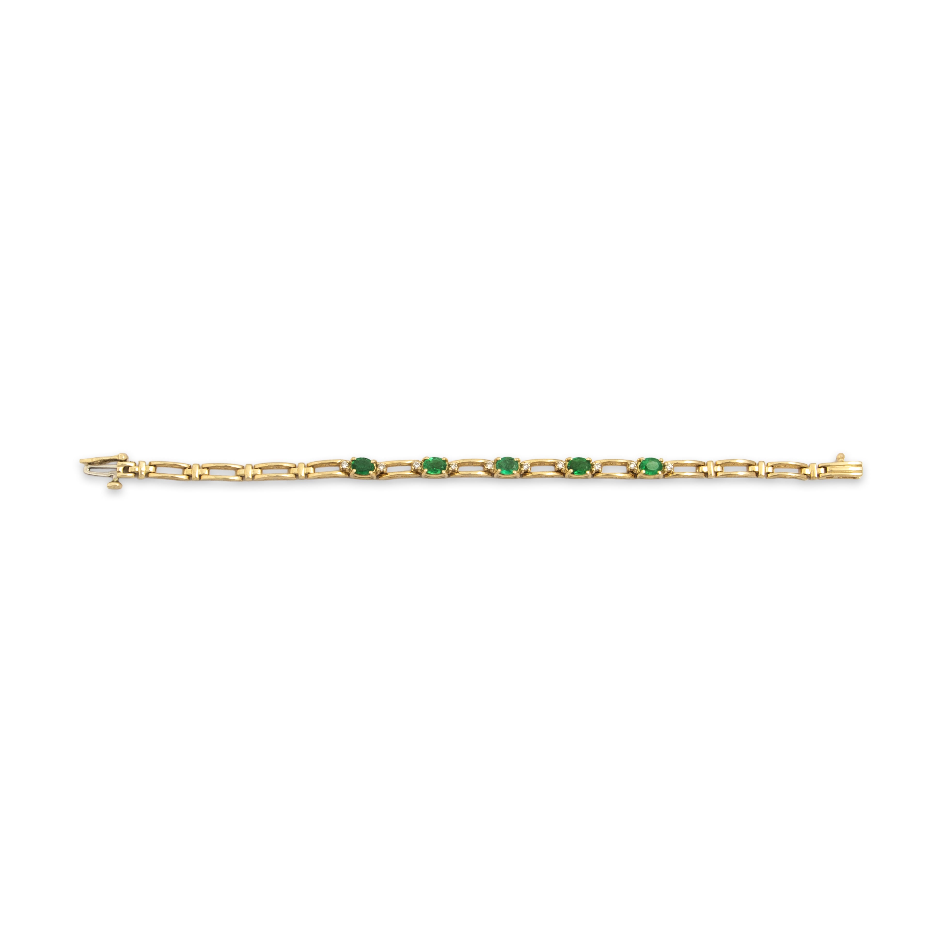 Vintage 14k Yellow Gold Emerald Diamond Oval Trio Station Bracelet - Overall view