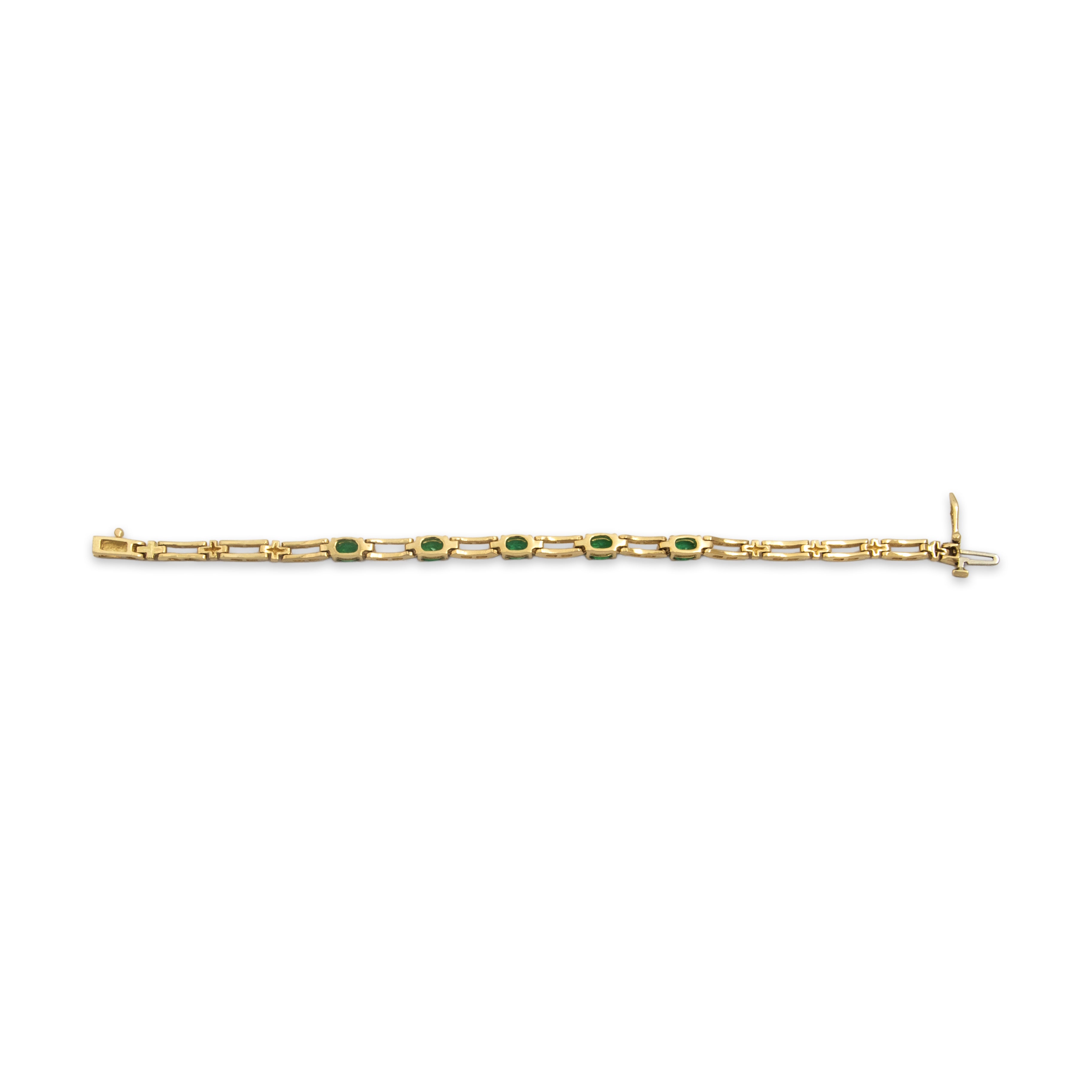 Vintage 14k Yellow Gold Emerald Diamond Oval Trio Station Bracelet - Back view