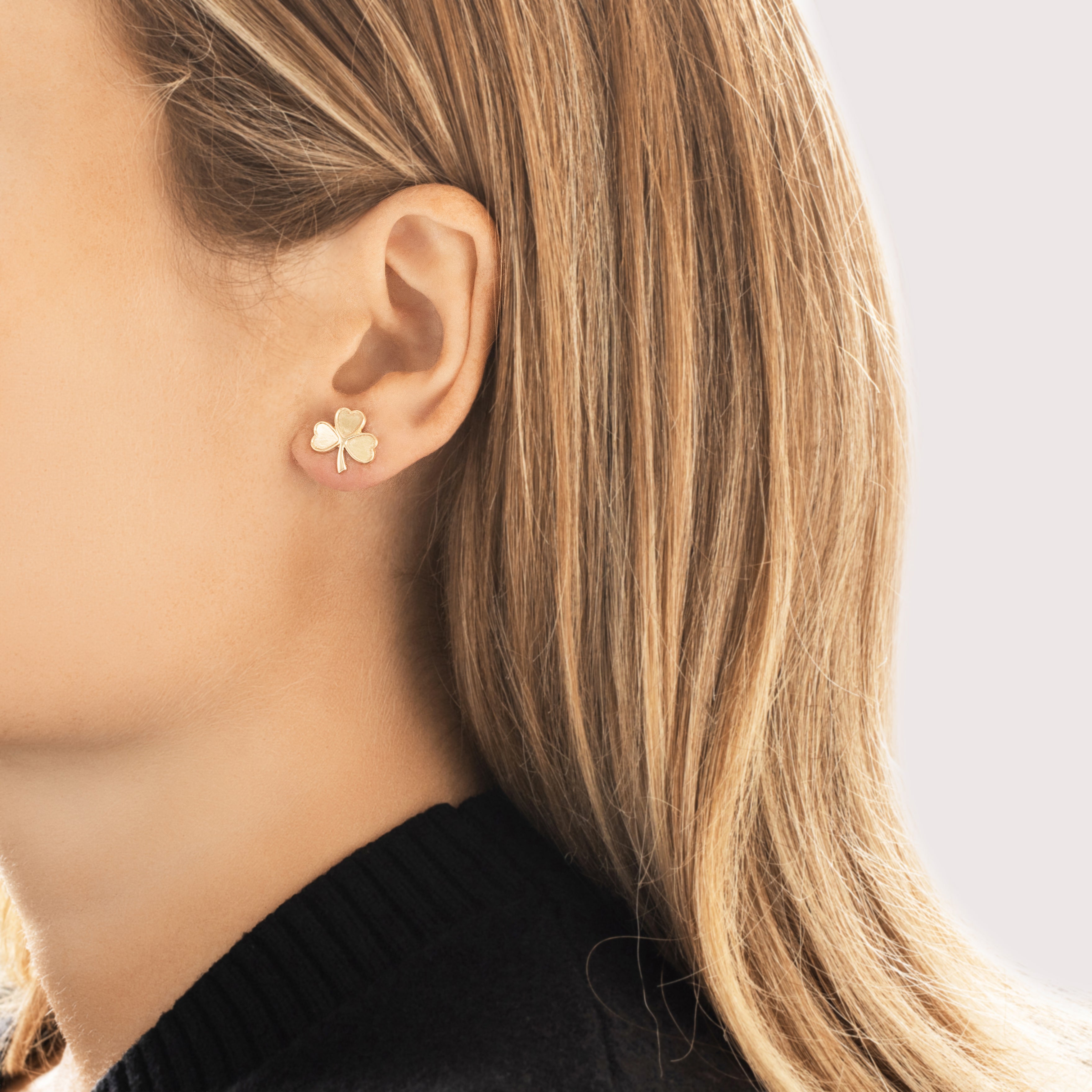 Vintage 14k Yellow Gold Lucky Textured Shamrock Stud Earrings - On model view