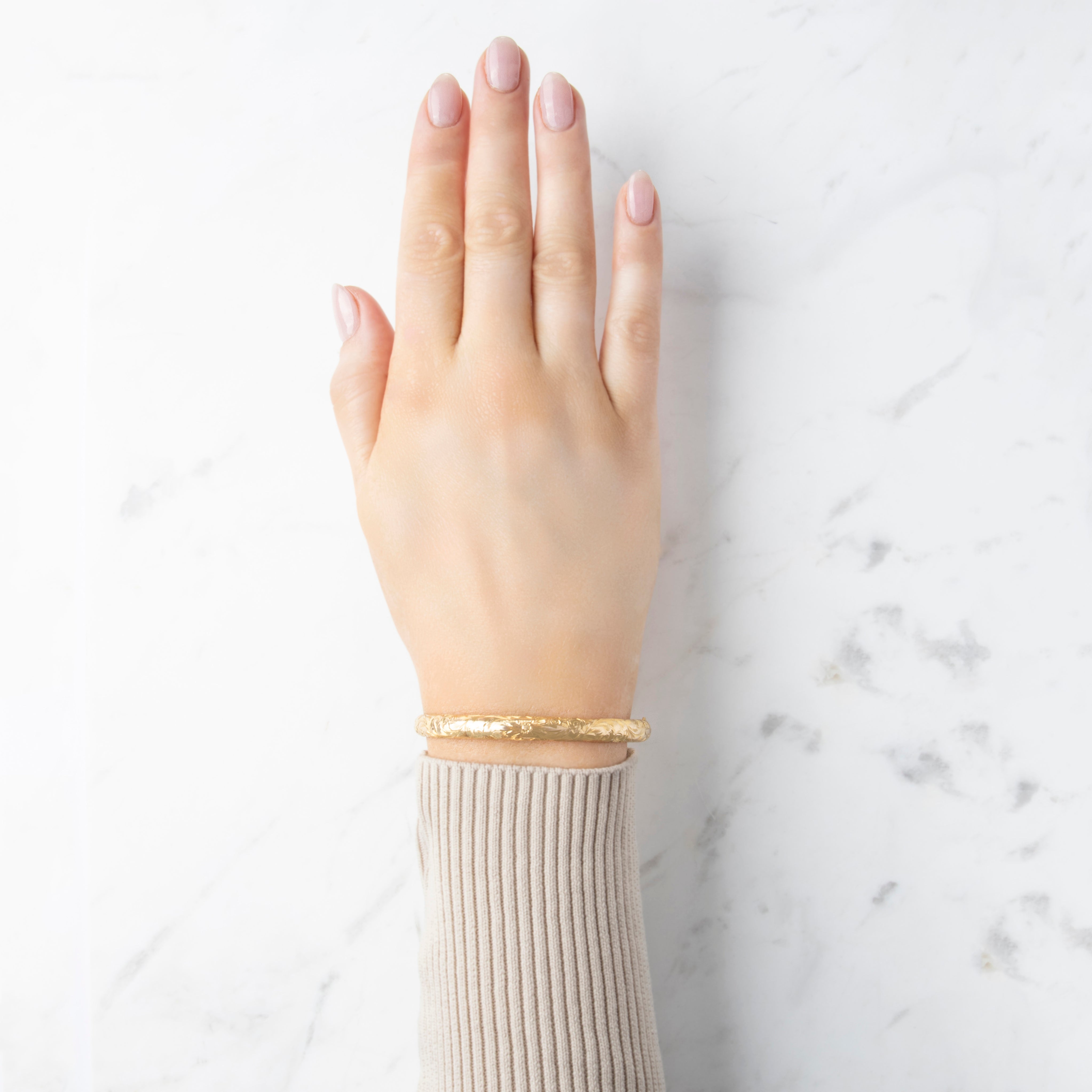 Antique 14k Yellow Gold Engraved Floral Foliate Bangle Bracelet - On model view