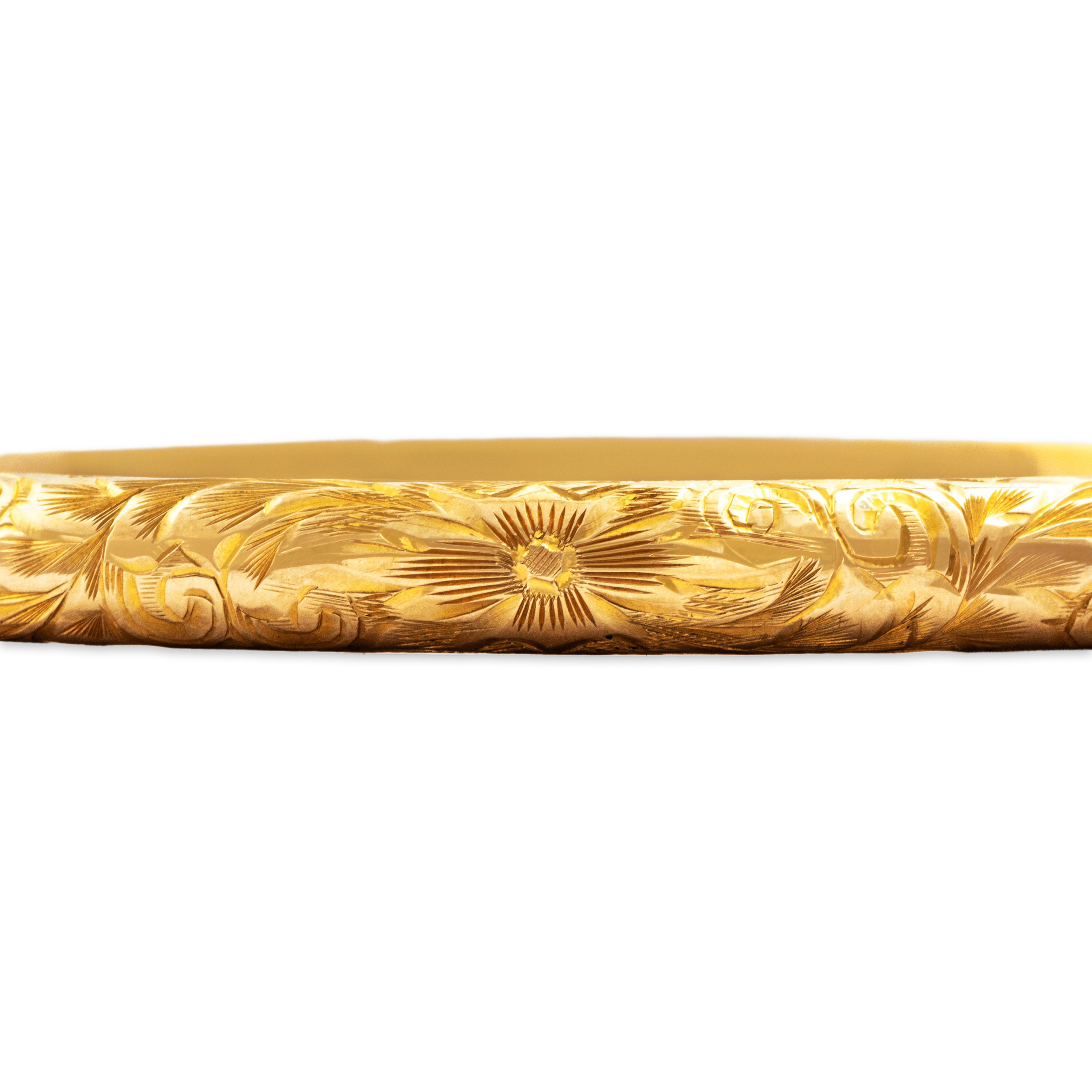 Antique 14k Yellow Gold Engraved Floral Foliate Bangle Bracelet - detail view #3