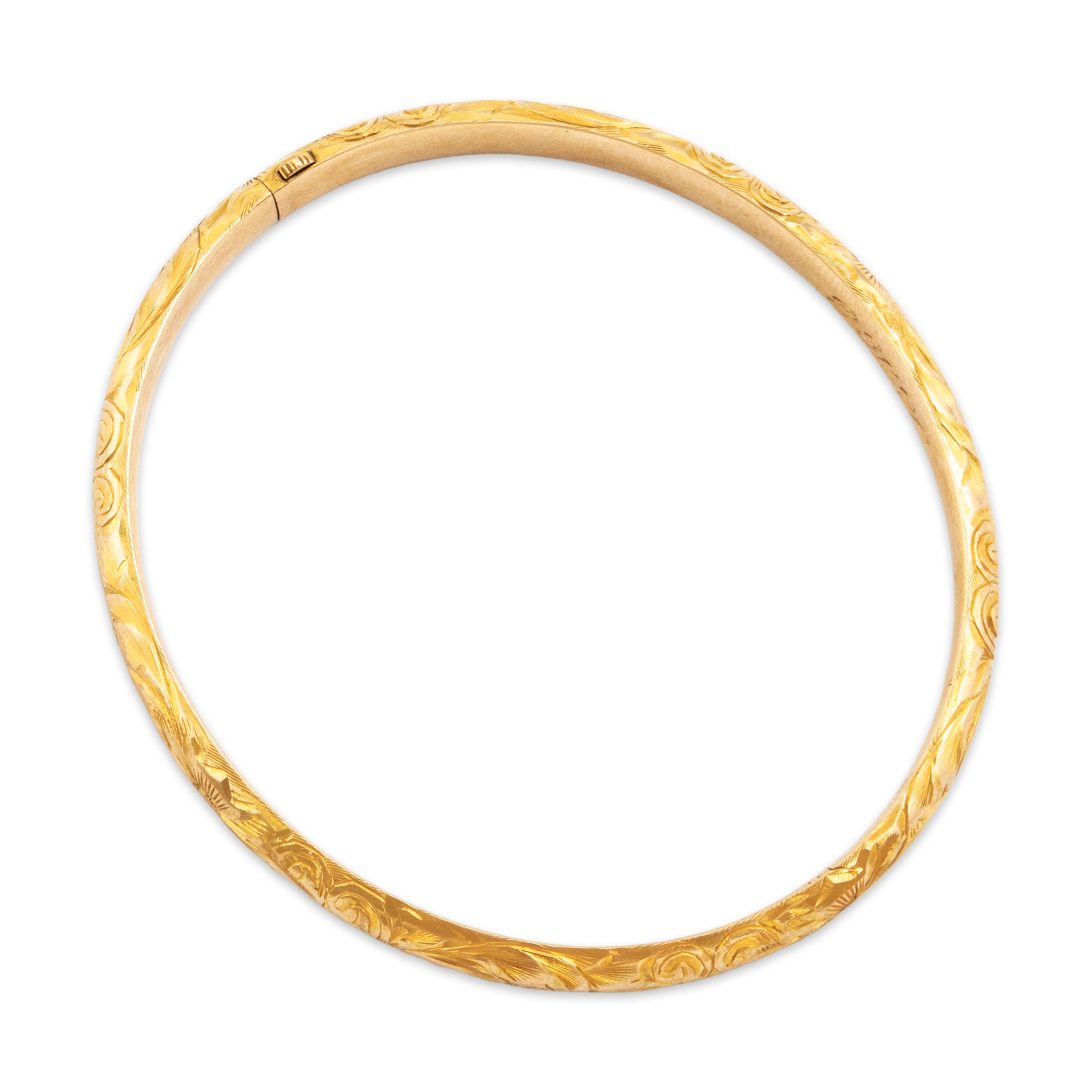 Antique 14k Yellow Gold Engraved Floral Foliate Bangle Bracelet - detail view #2