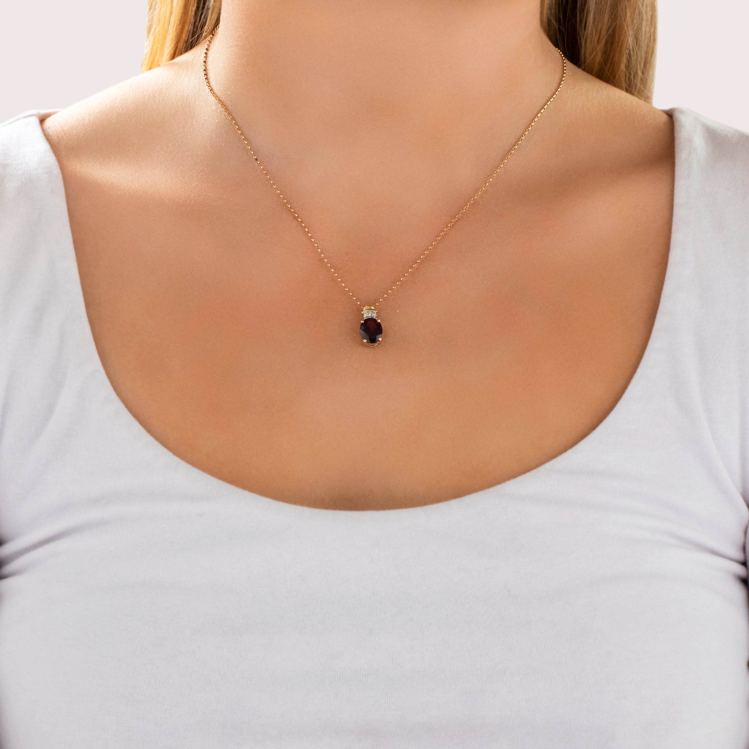 Vintage 14k Yellow Gold 3.33ct Pink Garnet Diamond Elegant Drop Oval Pendant - On model view