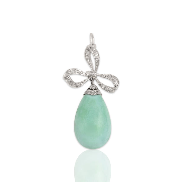 Vintage 14k White Gold 14.13ct Turquoise Old Mine & Rose Cut Diamond Bow Pendant
