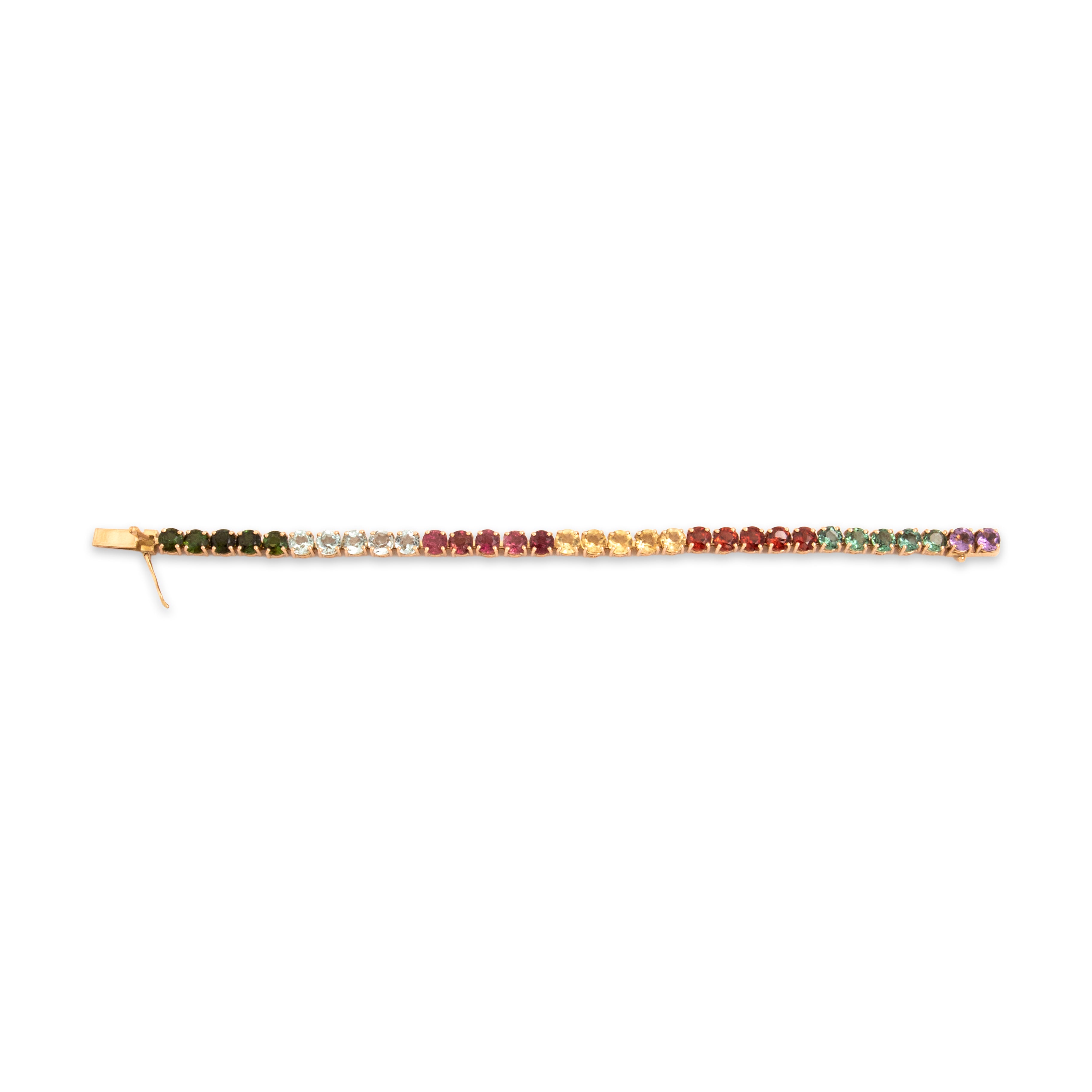 Vintage Heavy 14k Rosy Yellow Gold 6.35cttw Mint Pink Green Tourmaline 2.81cttw Garnet 2.55cttw Amethyst 2.1cttw Aquamarine Fantastic Chromatic Tennis Bracelet - Overall view