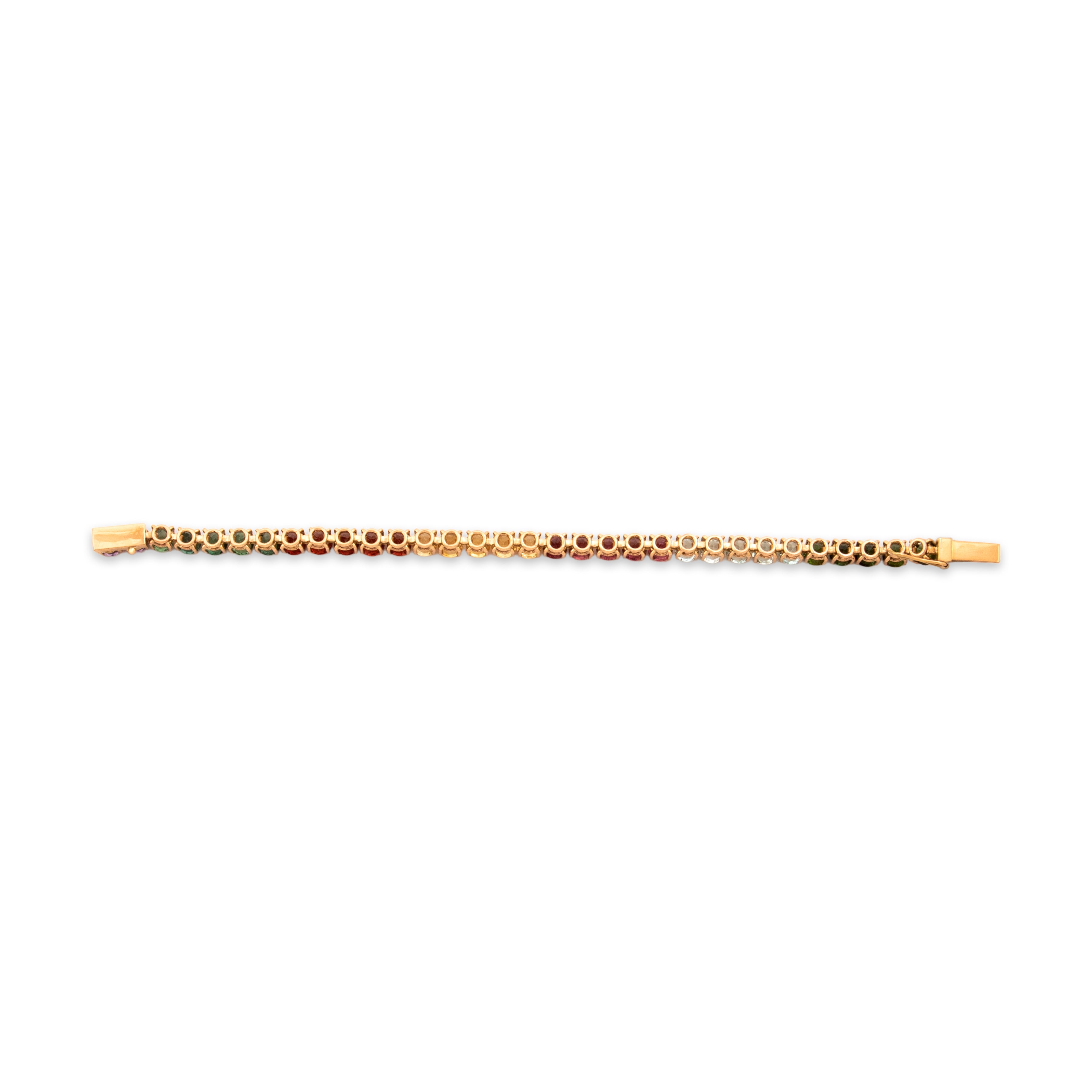 Vintage Heavy 14k Rosy Yellow Gold 6.35cttw Mint Pink Green Tourmaline 2.81cttw Garnet 2.55cttw Amethyst 2.1cttw Aquamarine Fantastic Chromatic Tennis Bracelet - Back view