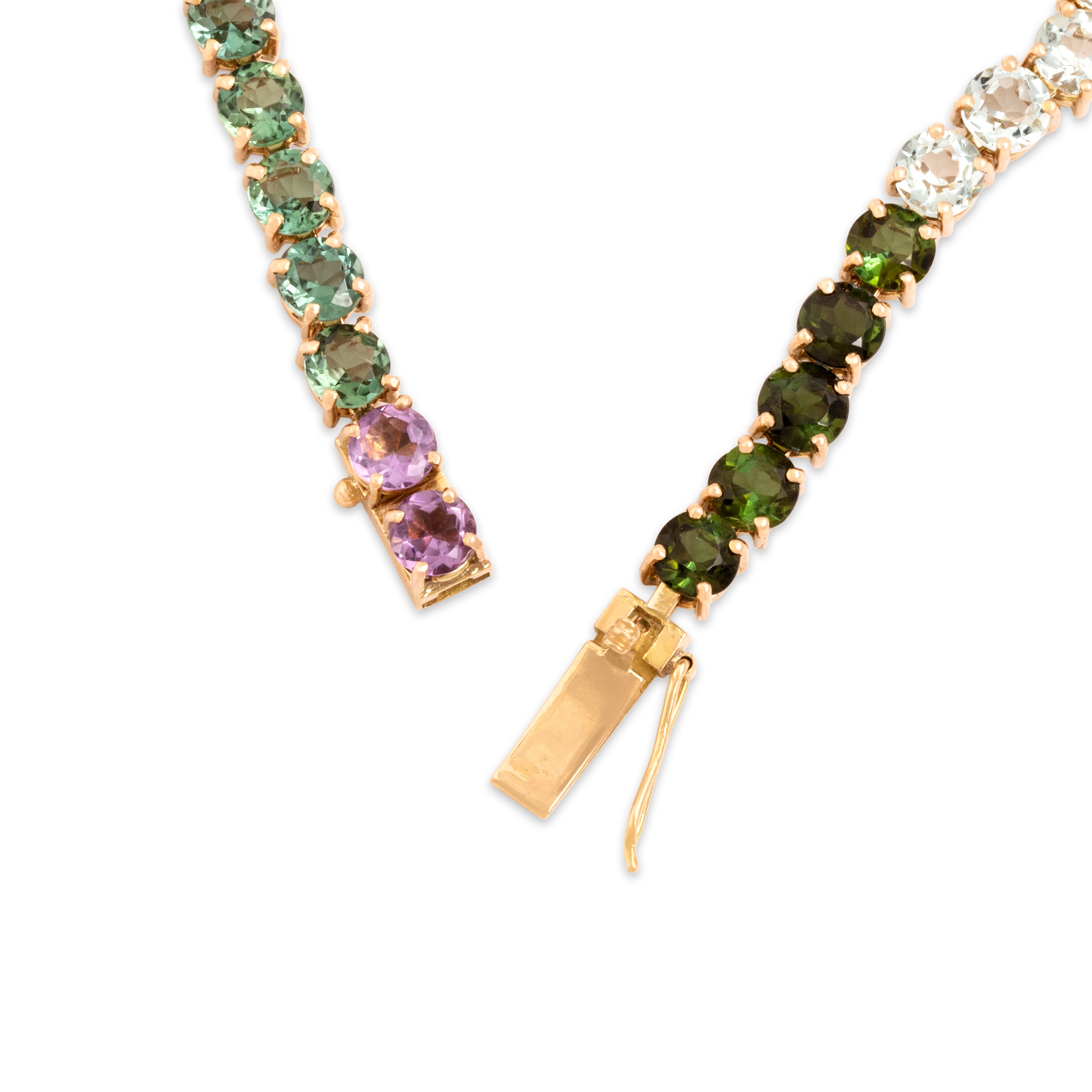 Vintage Heavy 14k Rosy Yellow Gold 6.35cttw Mint Pink Green Tourmaline 2.81cttw Garnet 2.55cttw Amethyst 2.1cttw Aquamarine Fantastic Chromatic Tennis Bracelet - clasp view