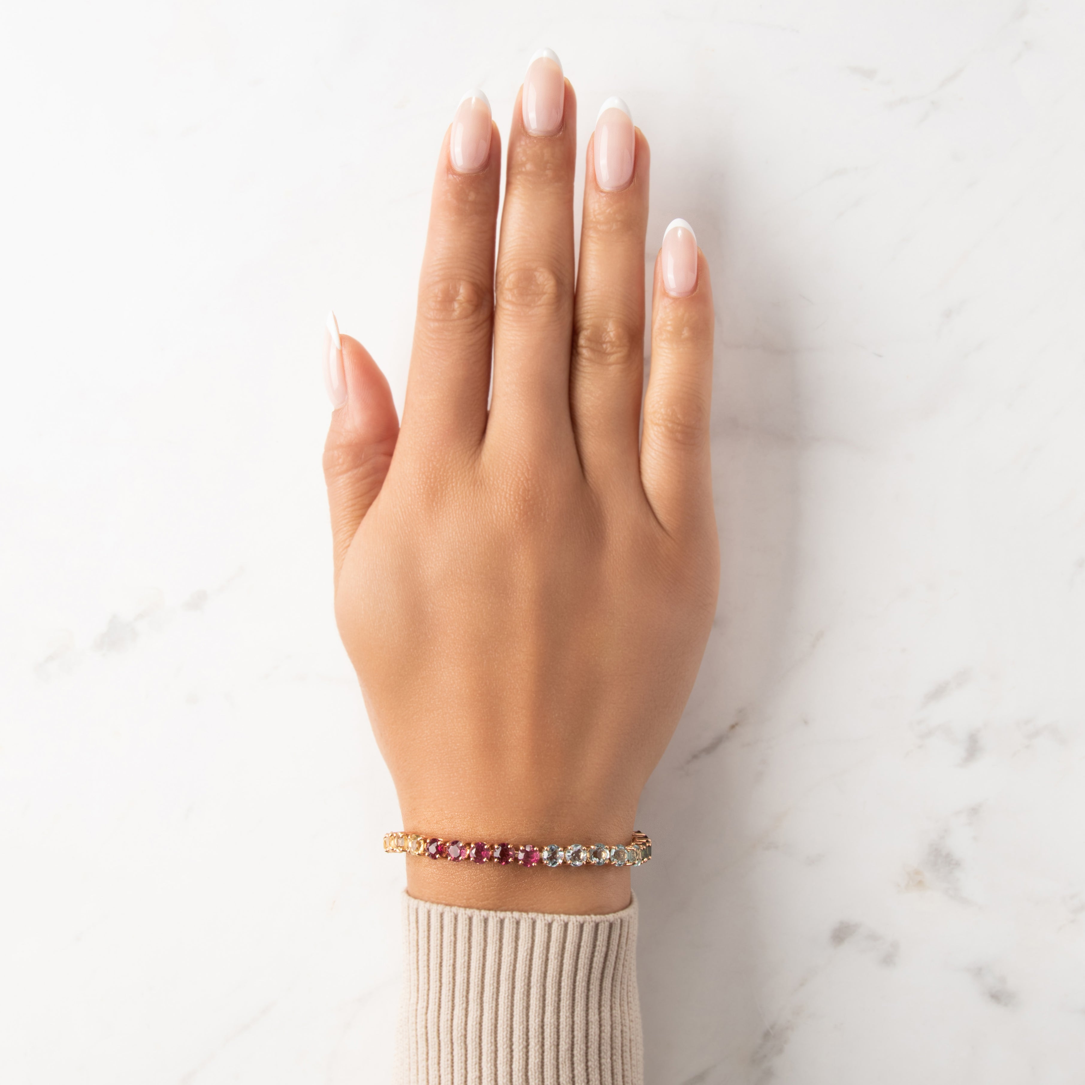 Vintage Heavy 14k Rosy Yellow Gold 6.35cttw Mint Pink Green Tourmaline 2.81cttw Garnet 2.55cttw Amethyst 2.1cttw Aquamarine Fantastic Chromatic Tennis Bracelet - On model view