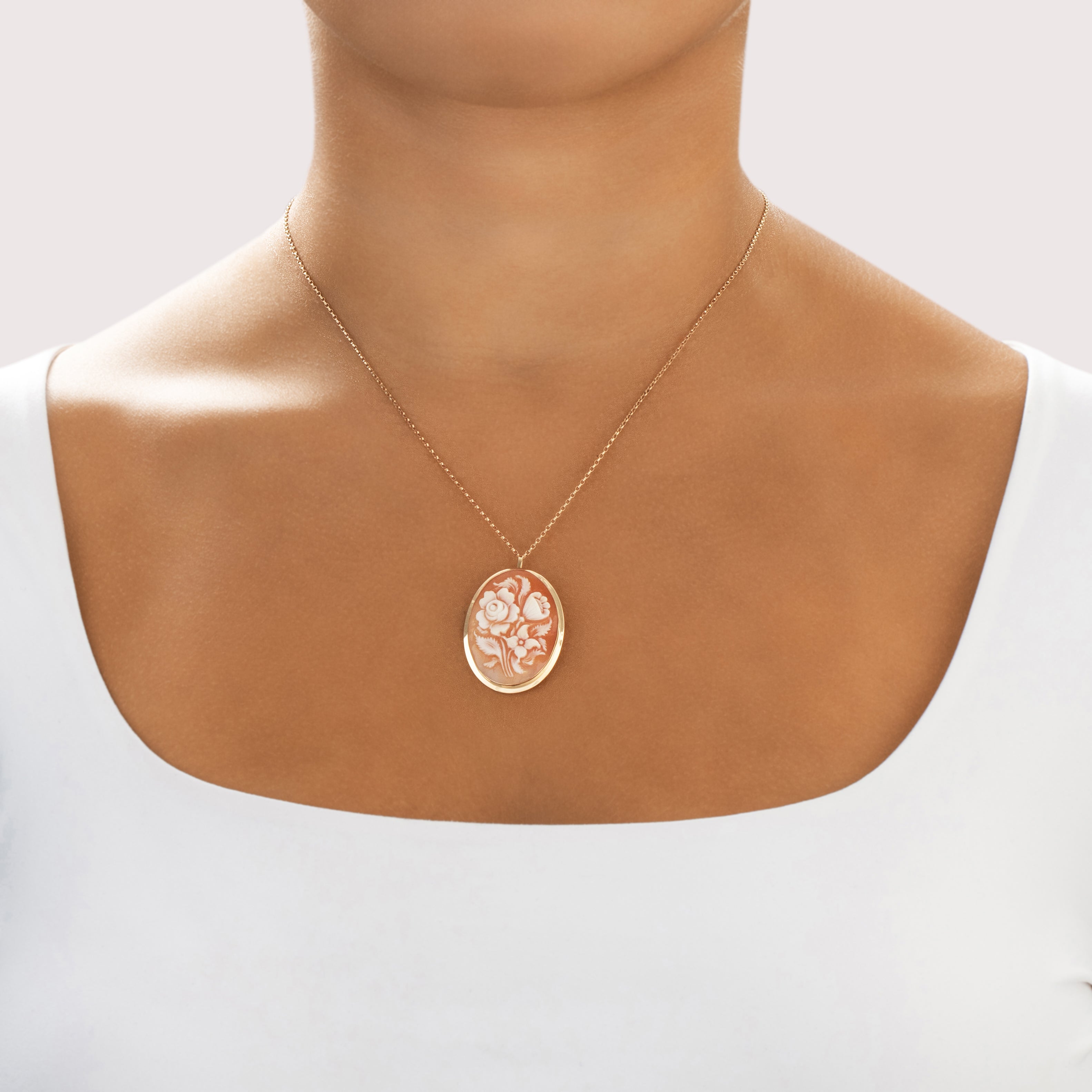 Vintage Large 14k Yellow Gold Shell Carved Floral Bouquet Pin / Pendant - On model view