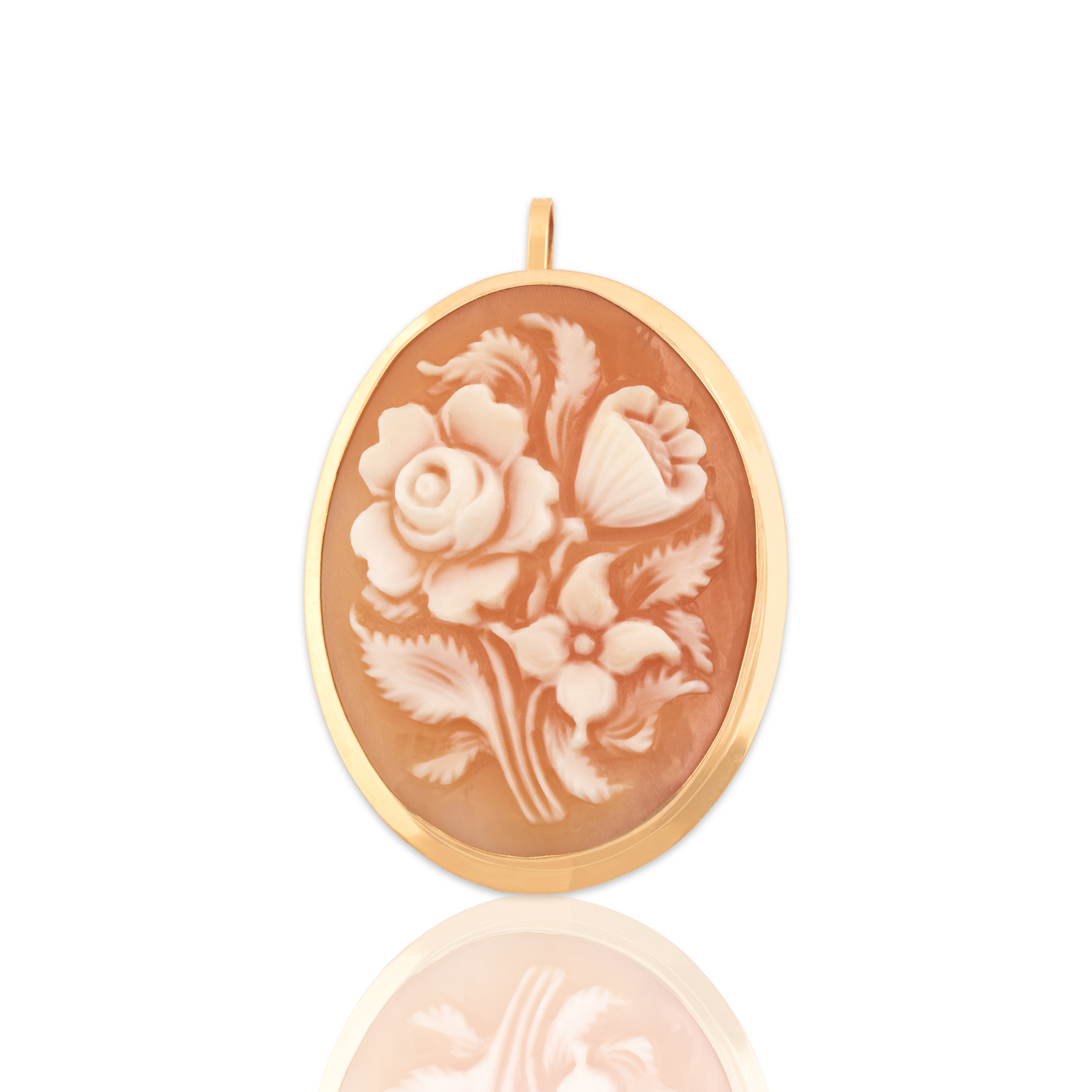 Vintage Large 14k Yellow Gold Shell Carved Floral Bouquet Pin / Pendant - Close-up view