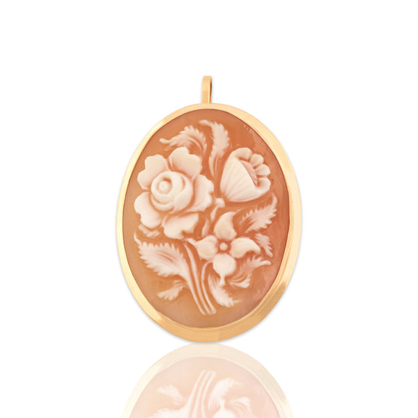 Vintage Large 14k Yellow Gold Shell Carved Floral Bouquet Pin / Pendant