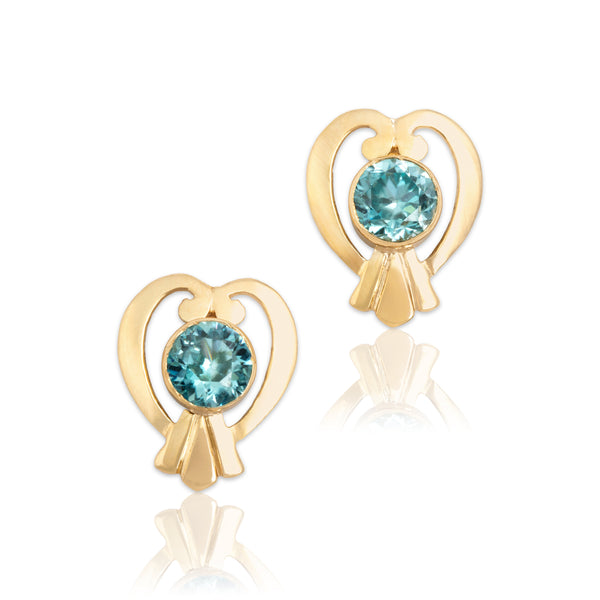 Vintage Large 14k Yellow Gold 2.66cttw Blue Zircon Regal Framed Stud Earrings