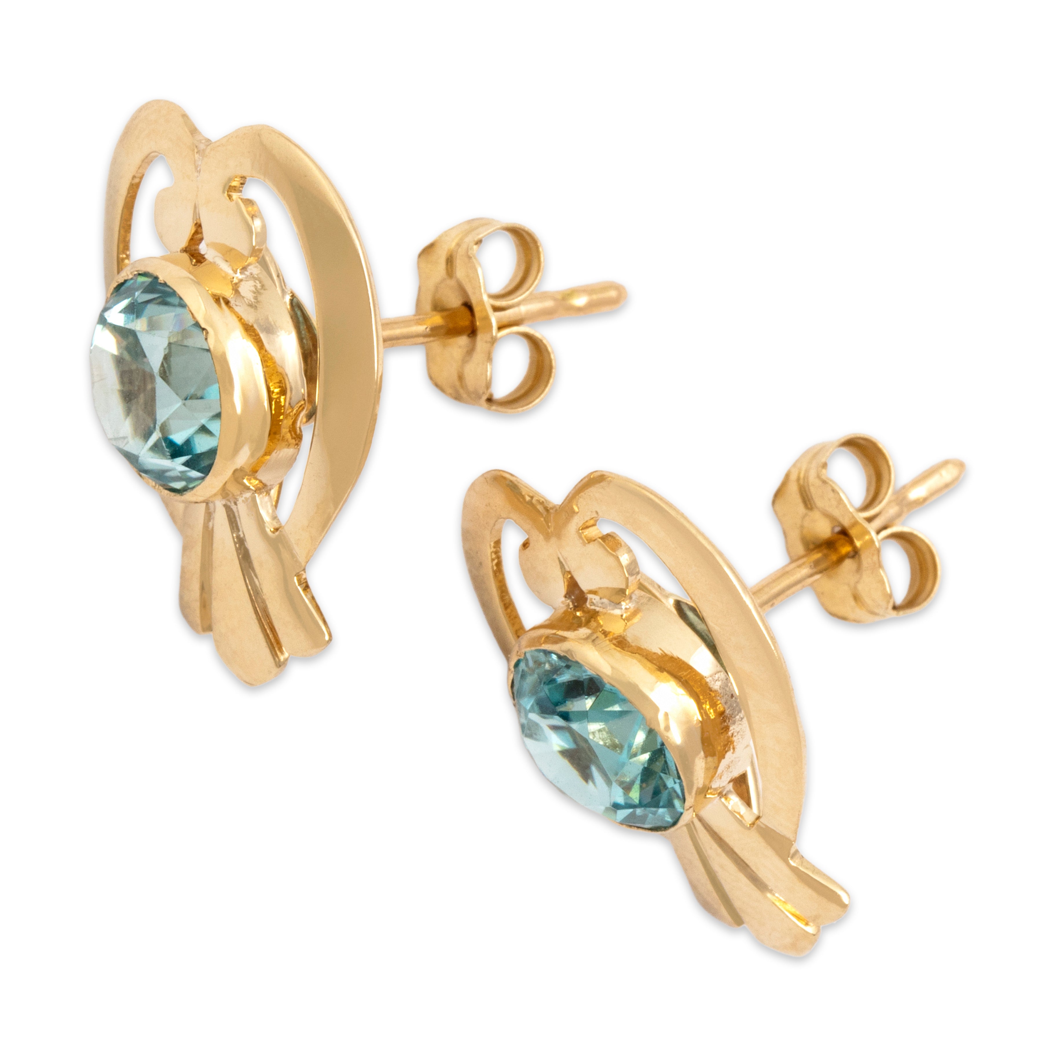 Vintage 14k Yellow Gold 2.66cttw Blue Zircon Large Regal Framed Stud Earrings - Side view