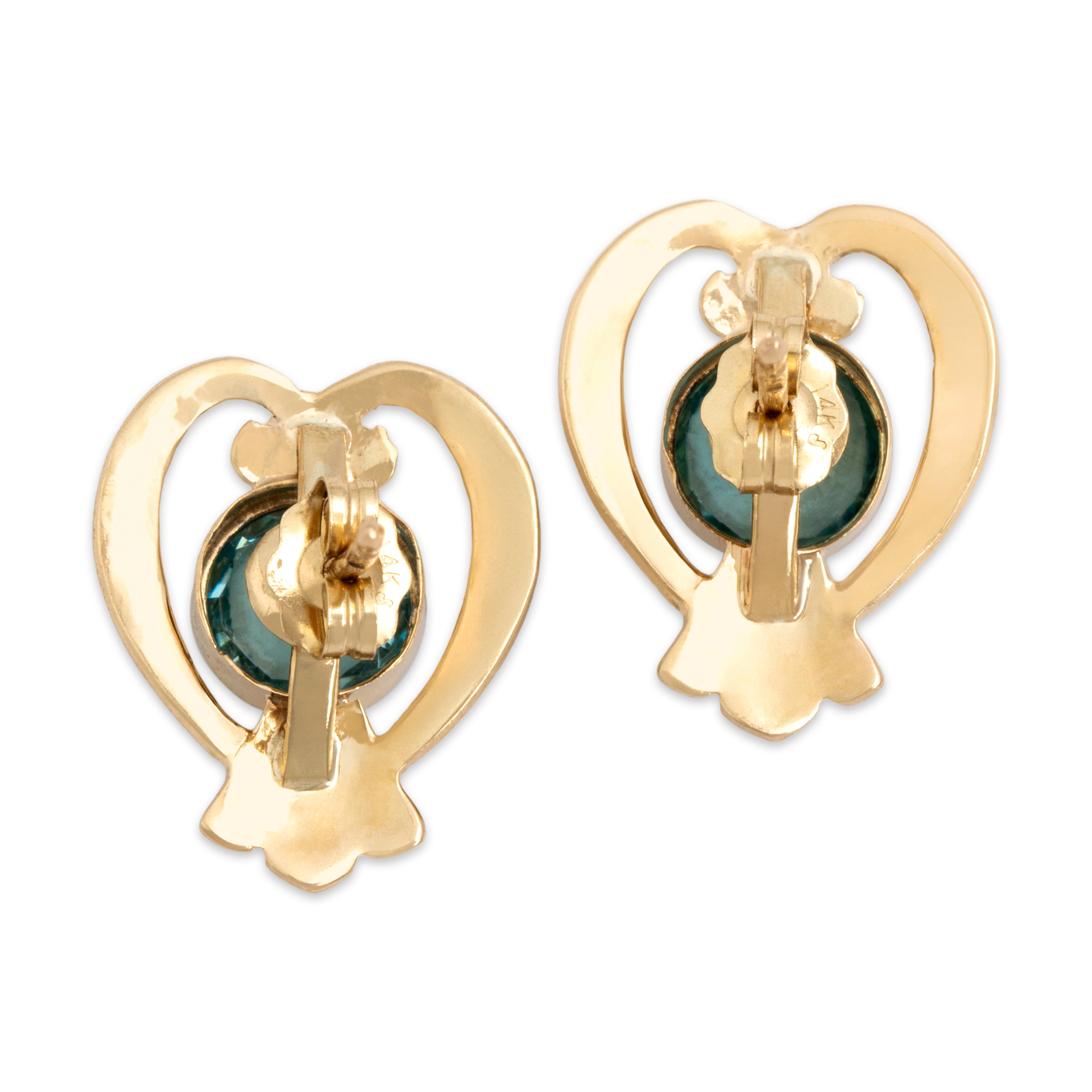 Vintage 14k Yellow Gold 2.66cttw Blue Zircon Large Regal Framed Stud Earrings - Back view