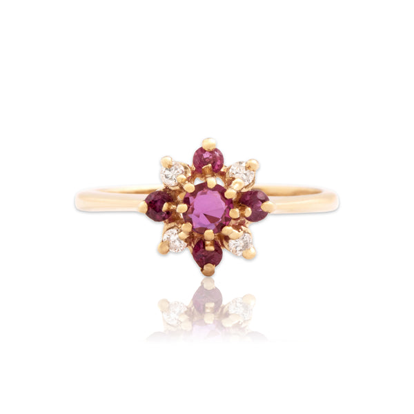 Vintage 14k Yellow Gold Ruby Diamond Tall Floriform Ring 5.00