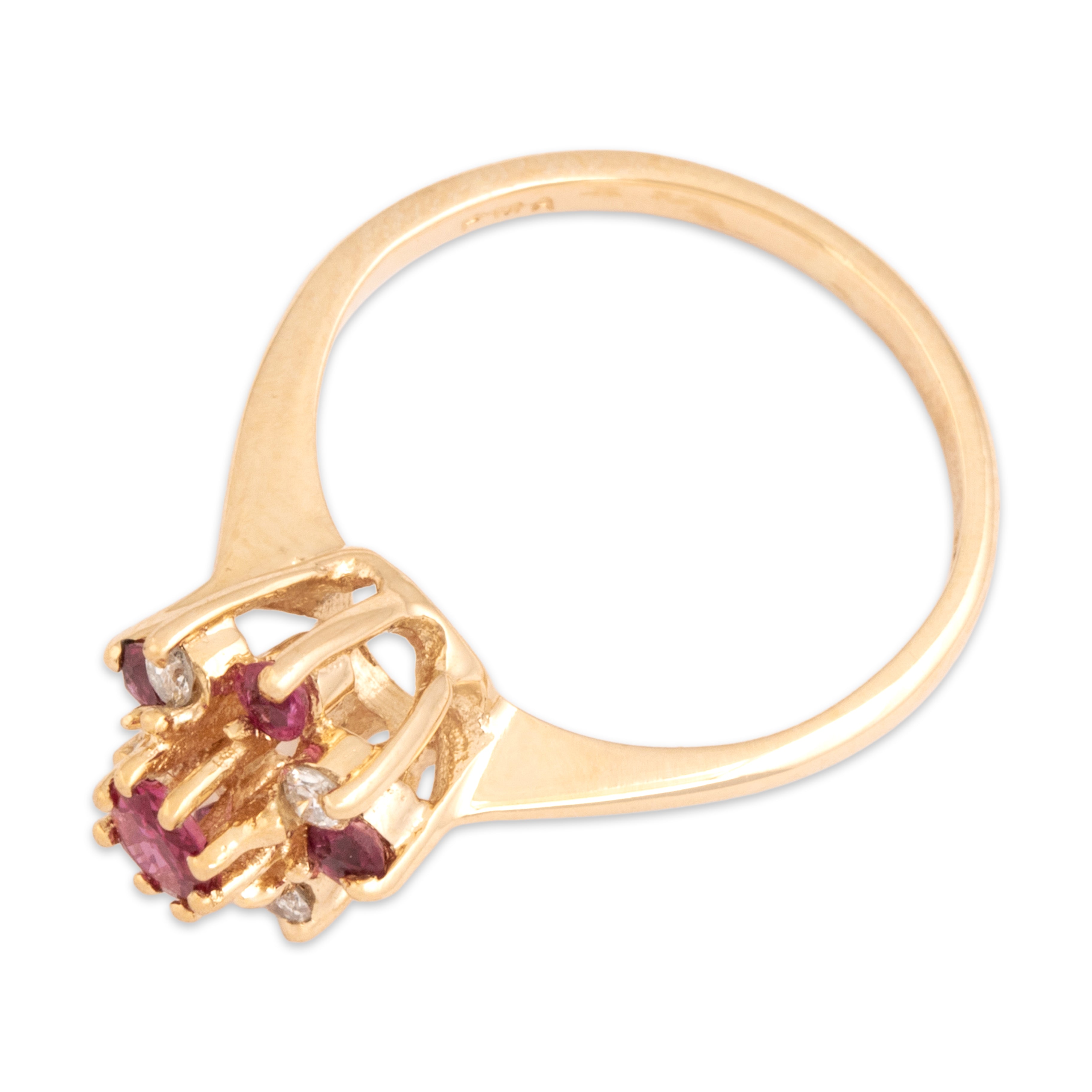 Vintage 14k Yellow Gold Ruby Diamond Tall Floriform Ring - Overall view