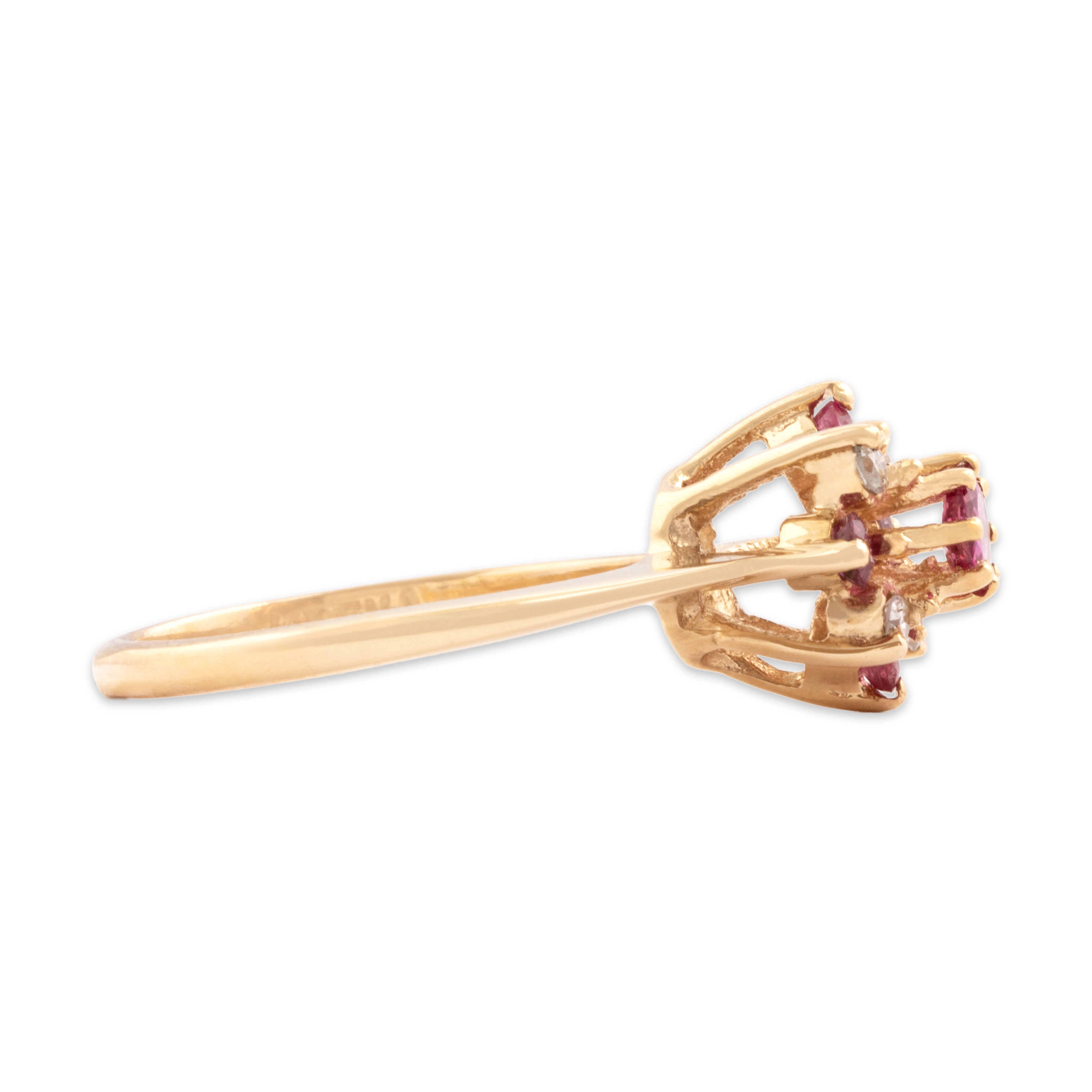 Vintage 14k Yellow Gold Ruby Diamond Tall Floriform Ring - Side view