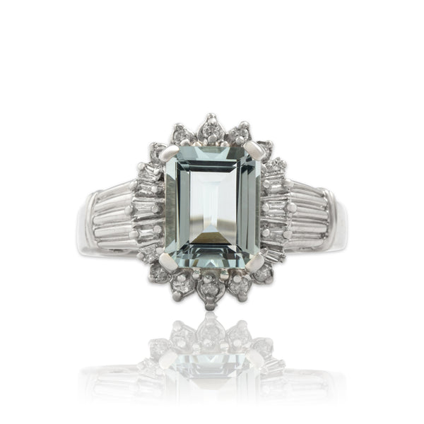 Vintage 14k White Gold 1.77ct Aquamarine Diamond Accented Halo Ring 6.50