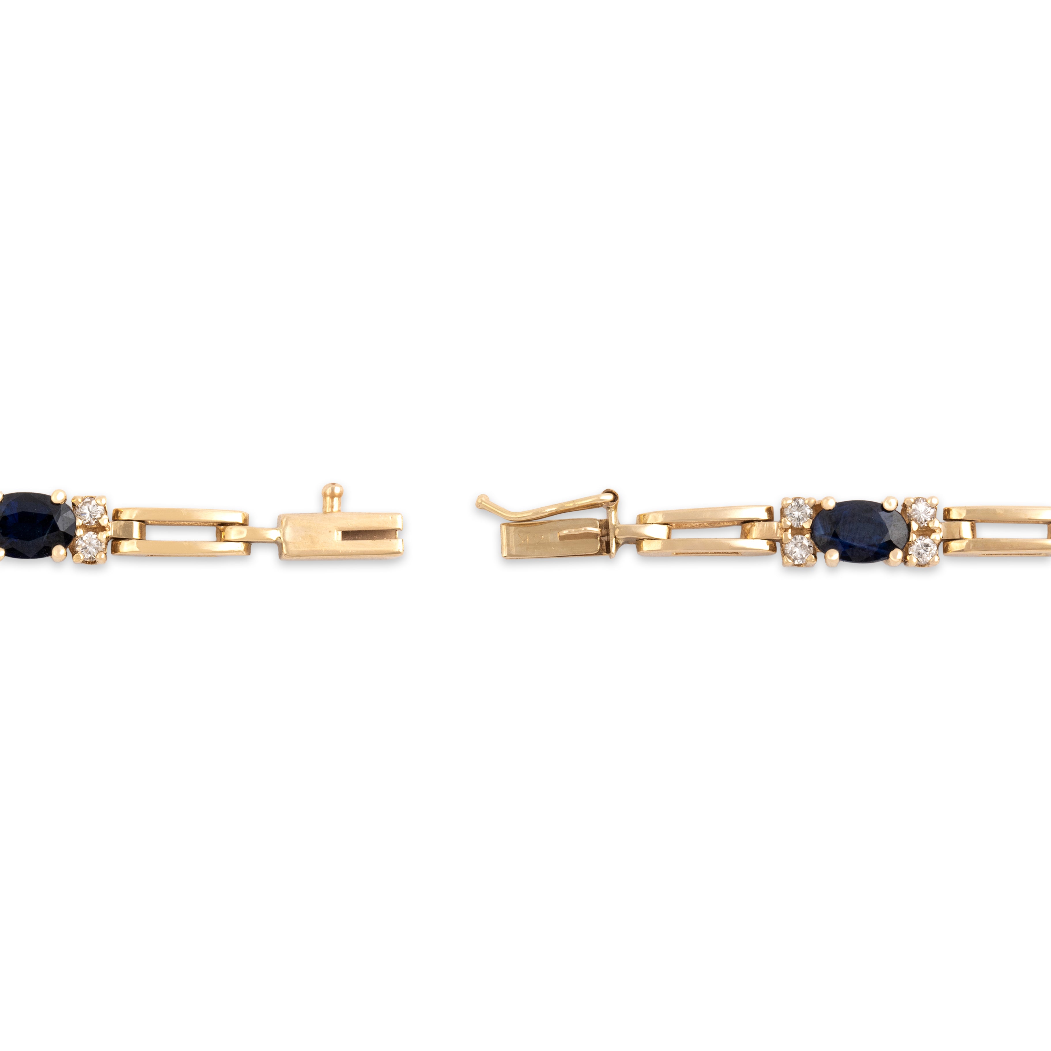 Vintage 14k Yellow Gold 3.63cttw Blue Sapphire .61cttw Diamond Elegant Elongated Adorned Link Bracelet - clasp view