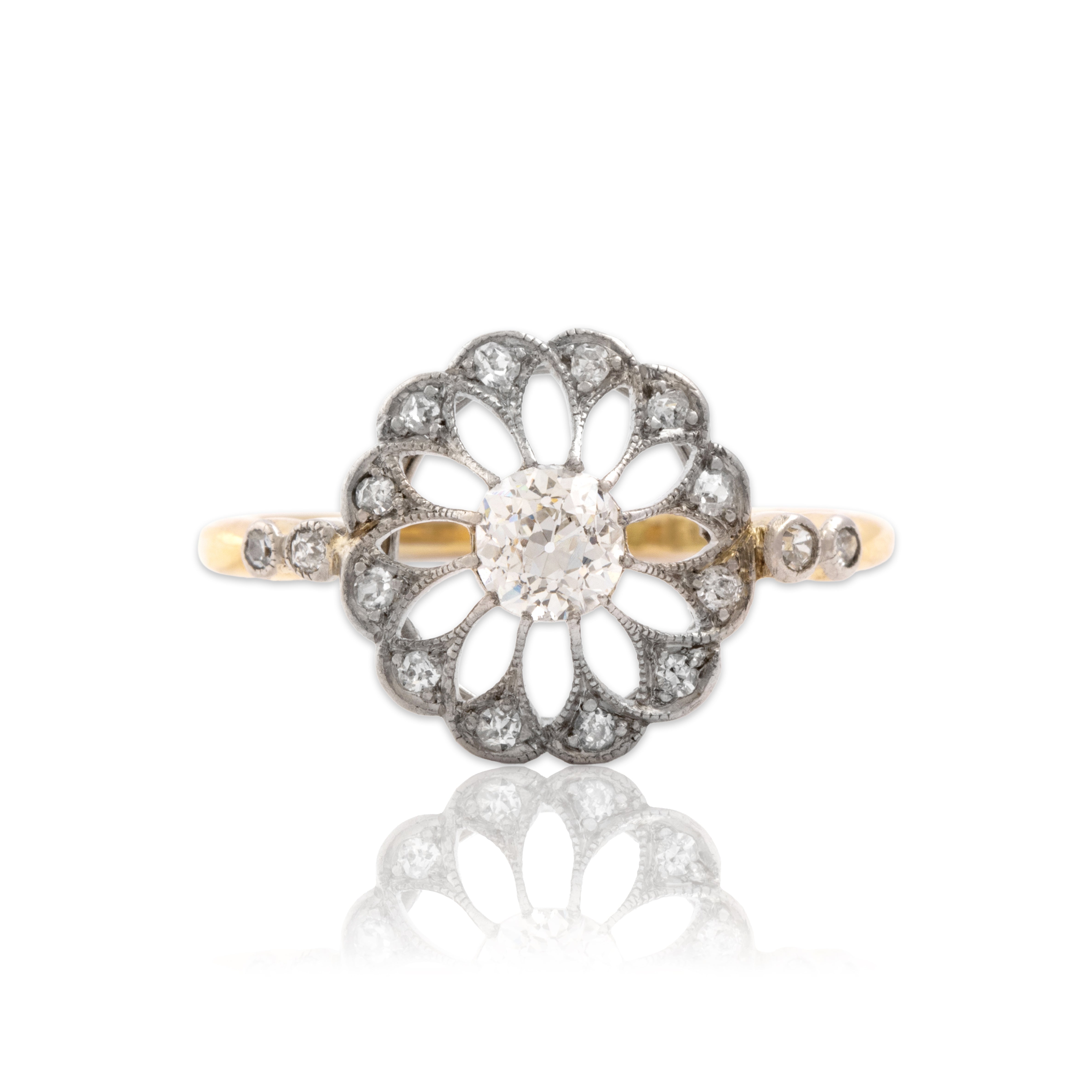 Antique 18k Yellow Gold & Platinum .44cttw Old Mine Diamond Openwork Ring - Close-up view