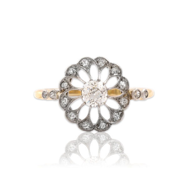 Antique 18k Yellow Gold & Platinum Old Mine Diamond Fantastic Openwork Ring 6.50