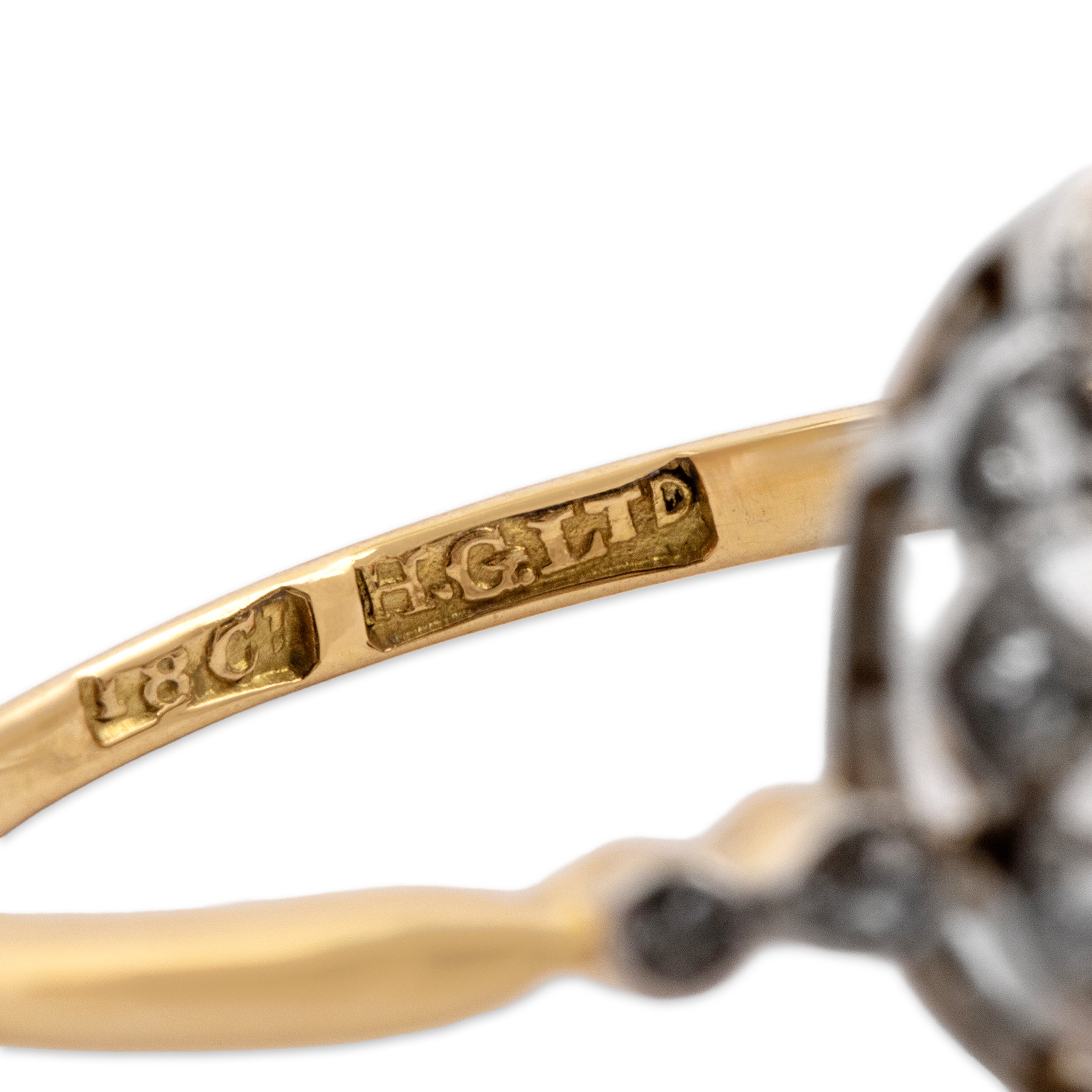Antique 18k Yellow Gold & Platinum .44cttw Old Mine Diamond Openwork Ring - Hallmark view