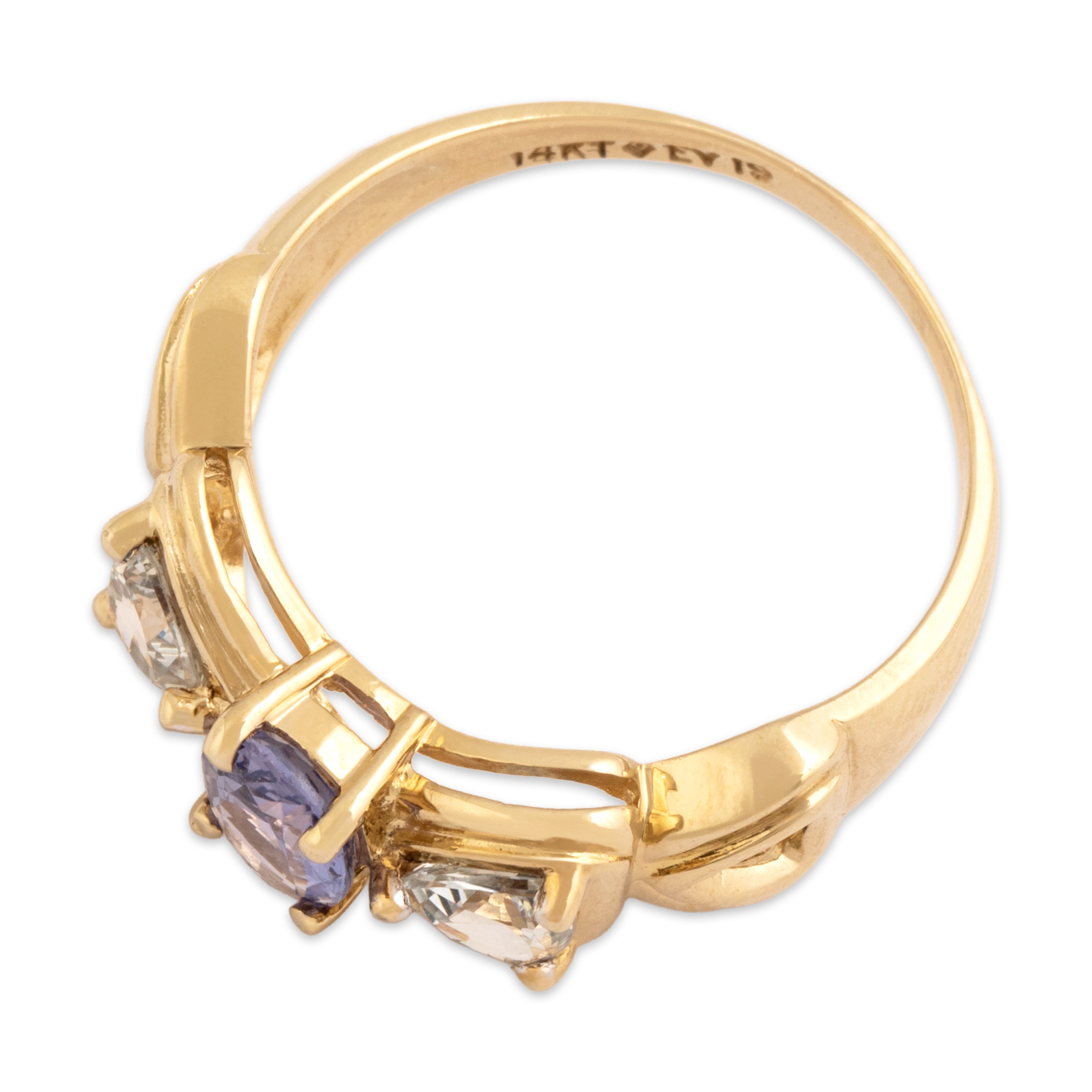 Vintage 14k Yellow Gold 1.54cttw Pale Blue Purple Sapphire Sparkling Open Triangle Bow Ring - Overall view