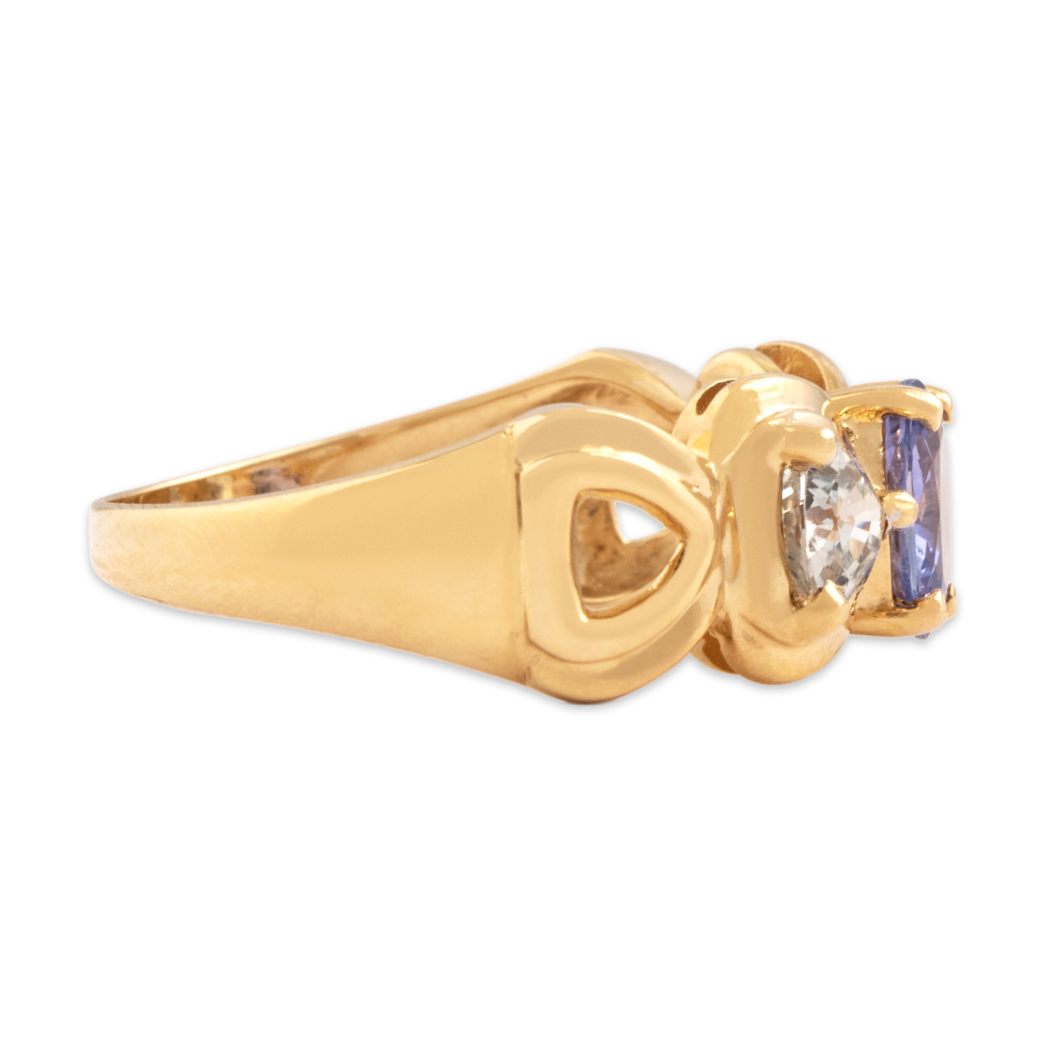 Vintage 14k Yellow Gold 1.54cttw Pale Blue Purple Sapphire Sparkling Open Triangle Bow Ring - Side view