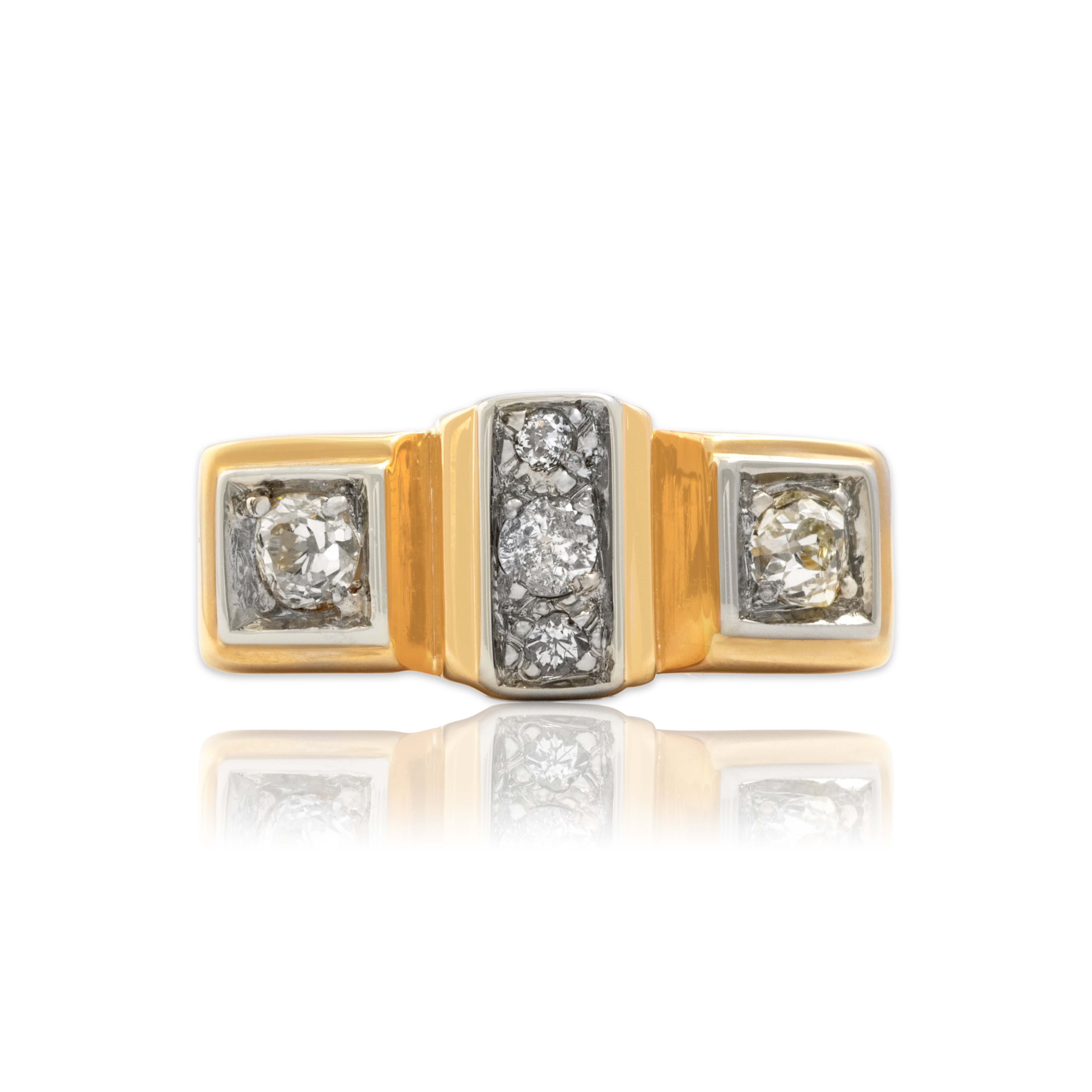 Vintage 14k Yellow Gold Old Mine Cut Diamond Striking Geometric Bar Ring 7.50