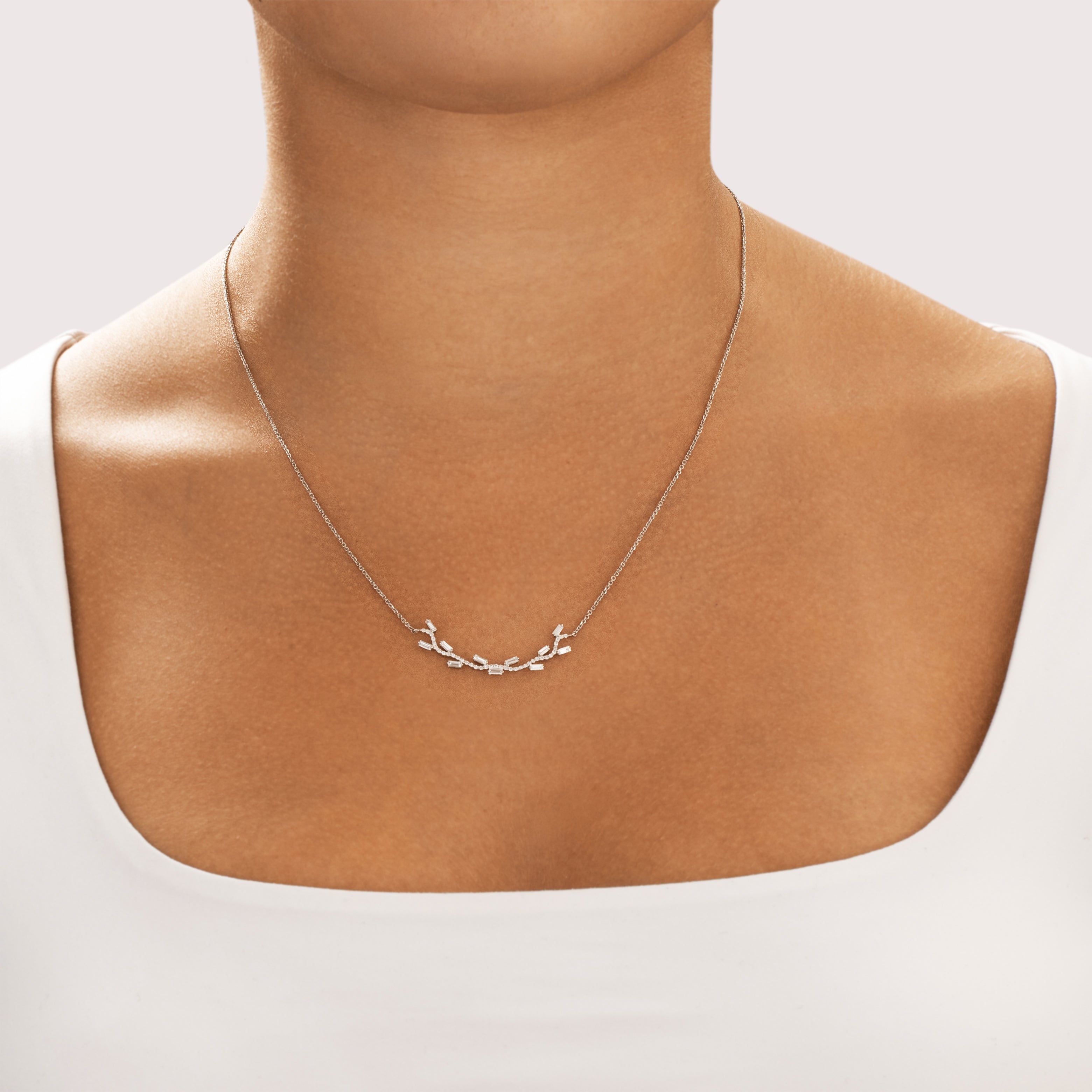 Estate 18k & 14k White Gold .51cttw Diamond Whimsical Baguette Organic Branch Necklace - On model view