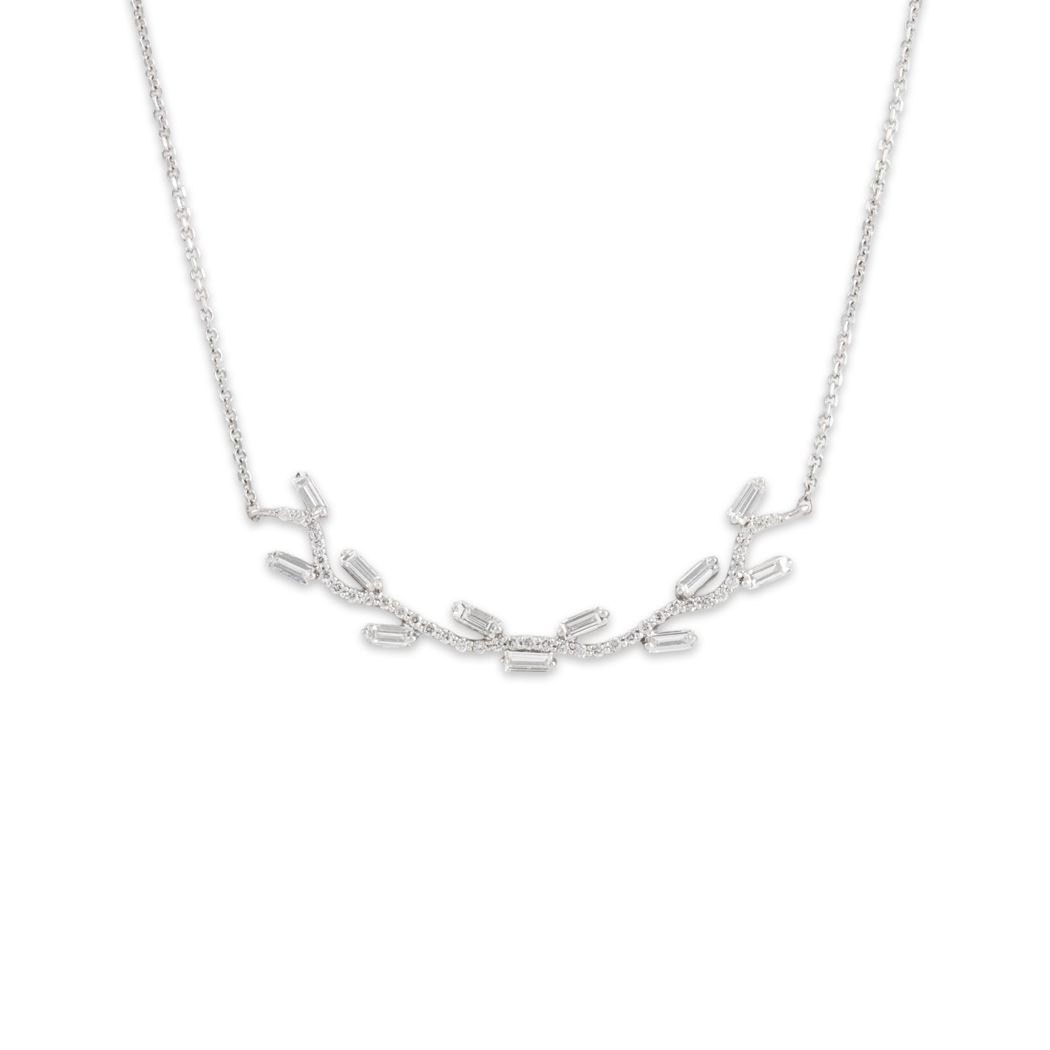 Estate 18k & 14k White Gold .51cttw Diamond Whimsical Baguette Organic Branch Necklace - Close-up view
