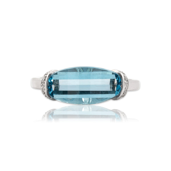 Vintage 10k White Gold 3.25ct Sky Blue Topaz Diamond Curved Checkerboard Ring 7.25