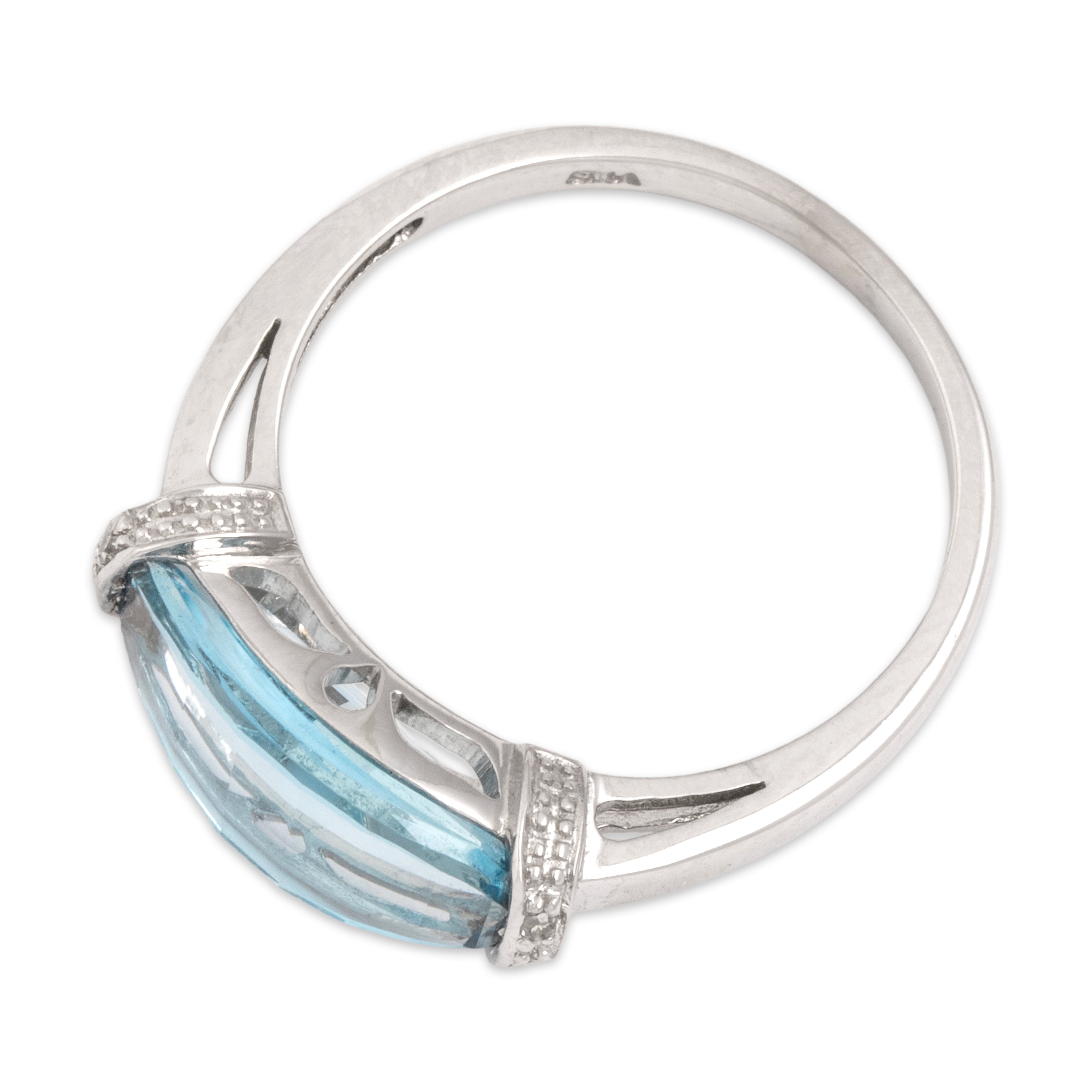 Vintage 10k White Gold 3.25ct Sky Blue Topaz Diamond Flashing Curved Checkerboard Ring - Overall view