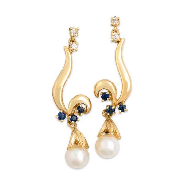 Vintage 14k Yellow Gold Pearl Blue Sapphire Diamond Flourish Dangle Earrings