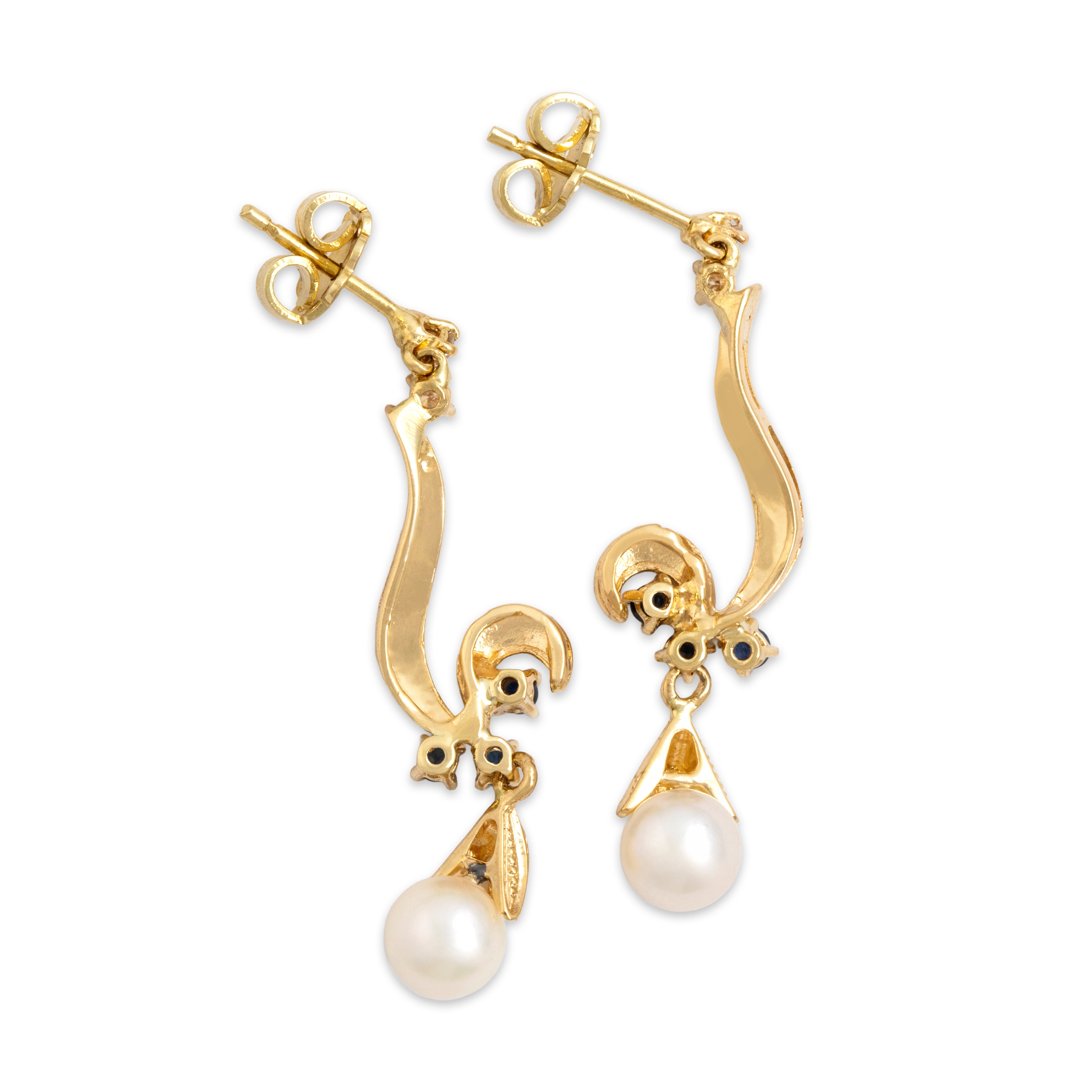Vintage 14k Yellow Gold Pearl Blue Sapphire Diamond Flourish Dangle Earrings - Side view